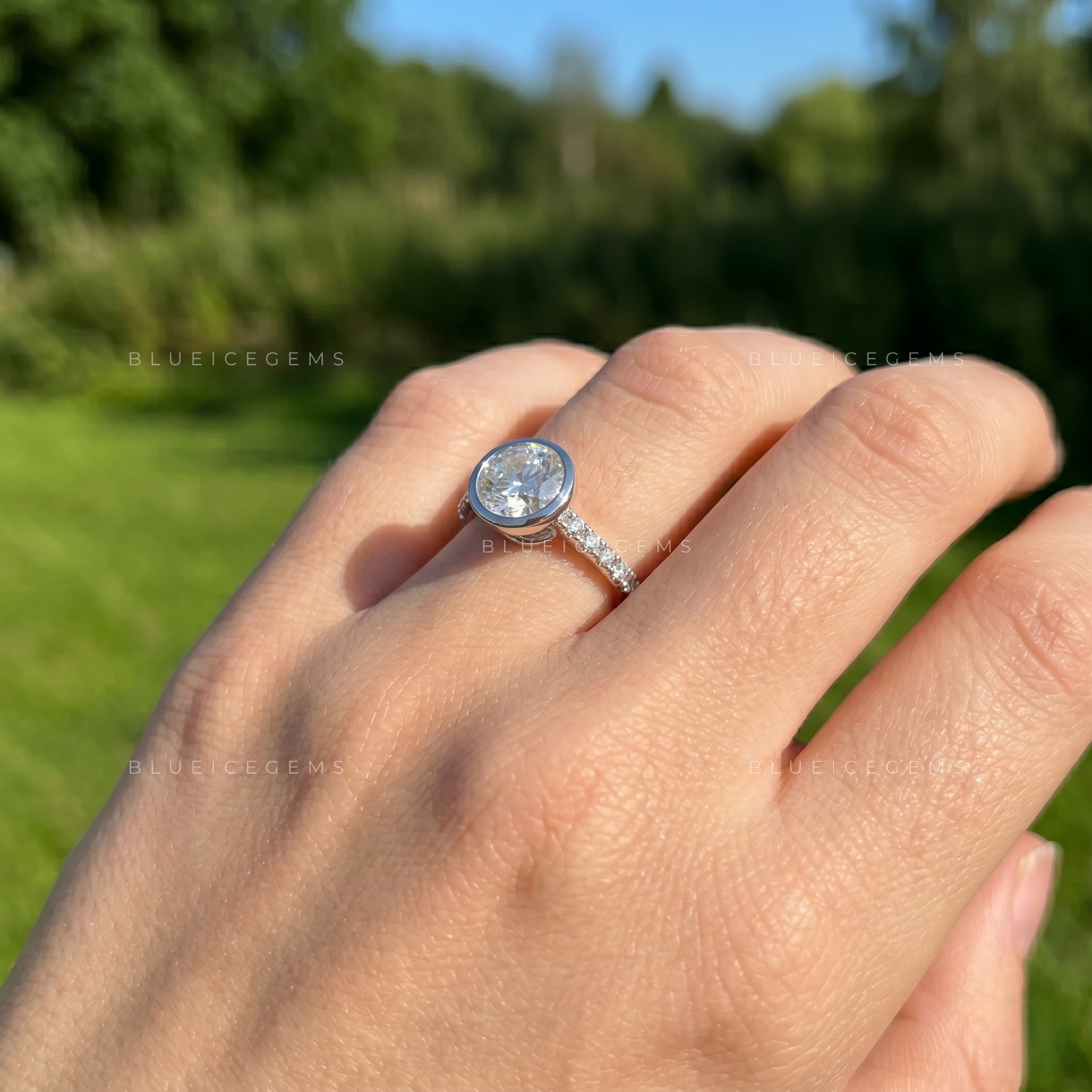 Modern Radiance Round Brilliant Cut Bezel Set Solitaire Accent Engagement Ring