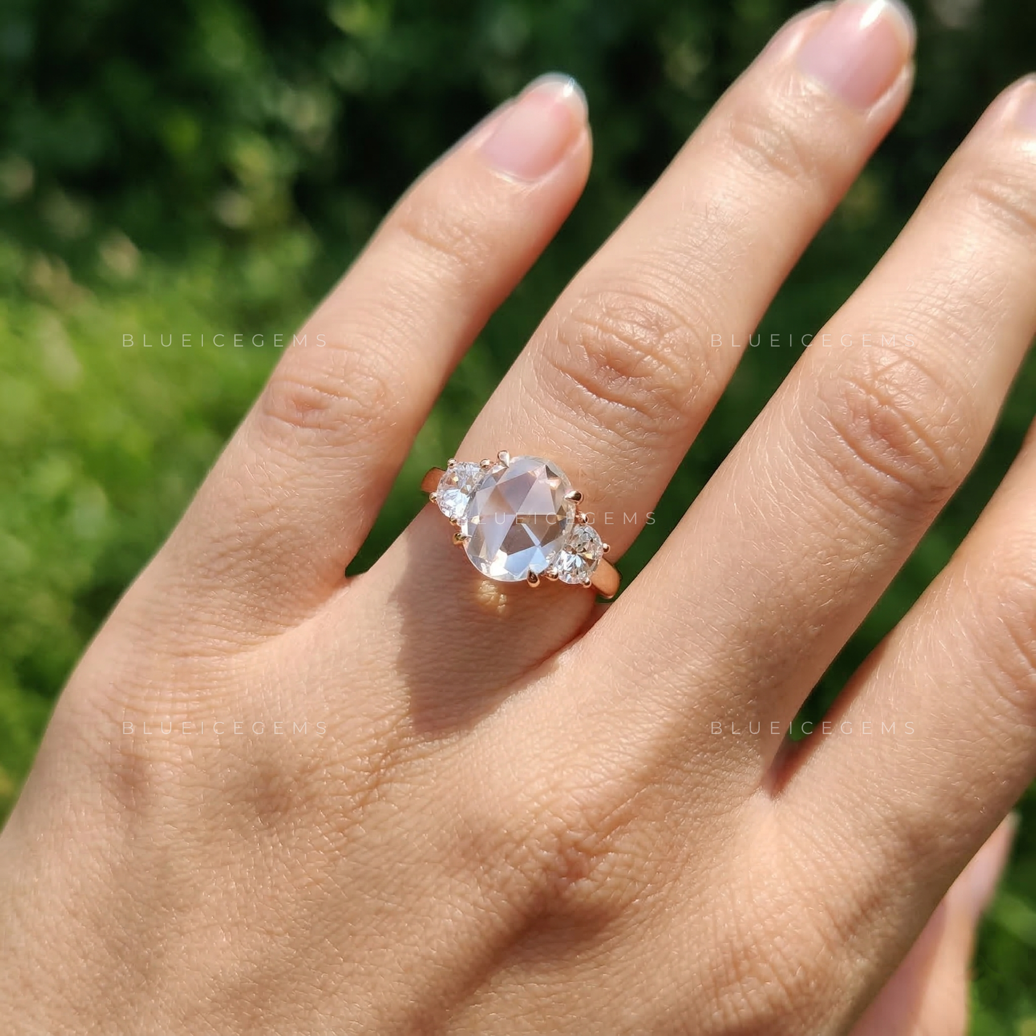 Vintage Oval Rose Cut Half Moon Trilogy Ring