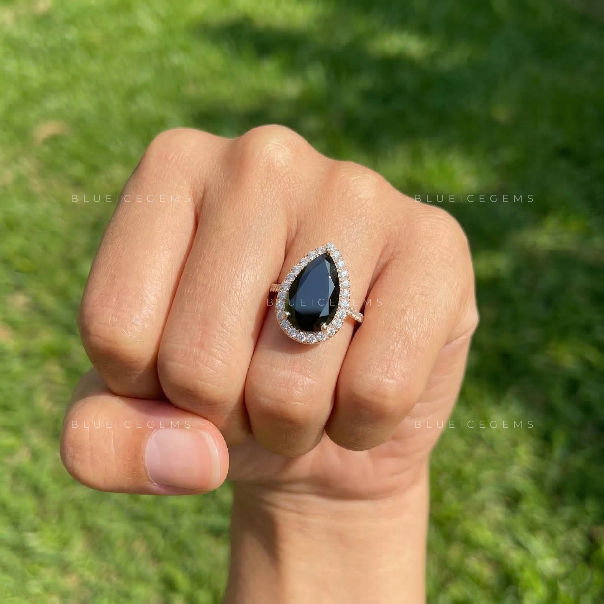 Midnight Velvet Pear Cut Black Moissanite Halo Ring