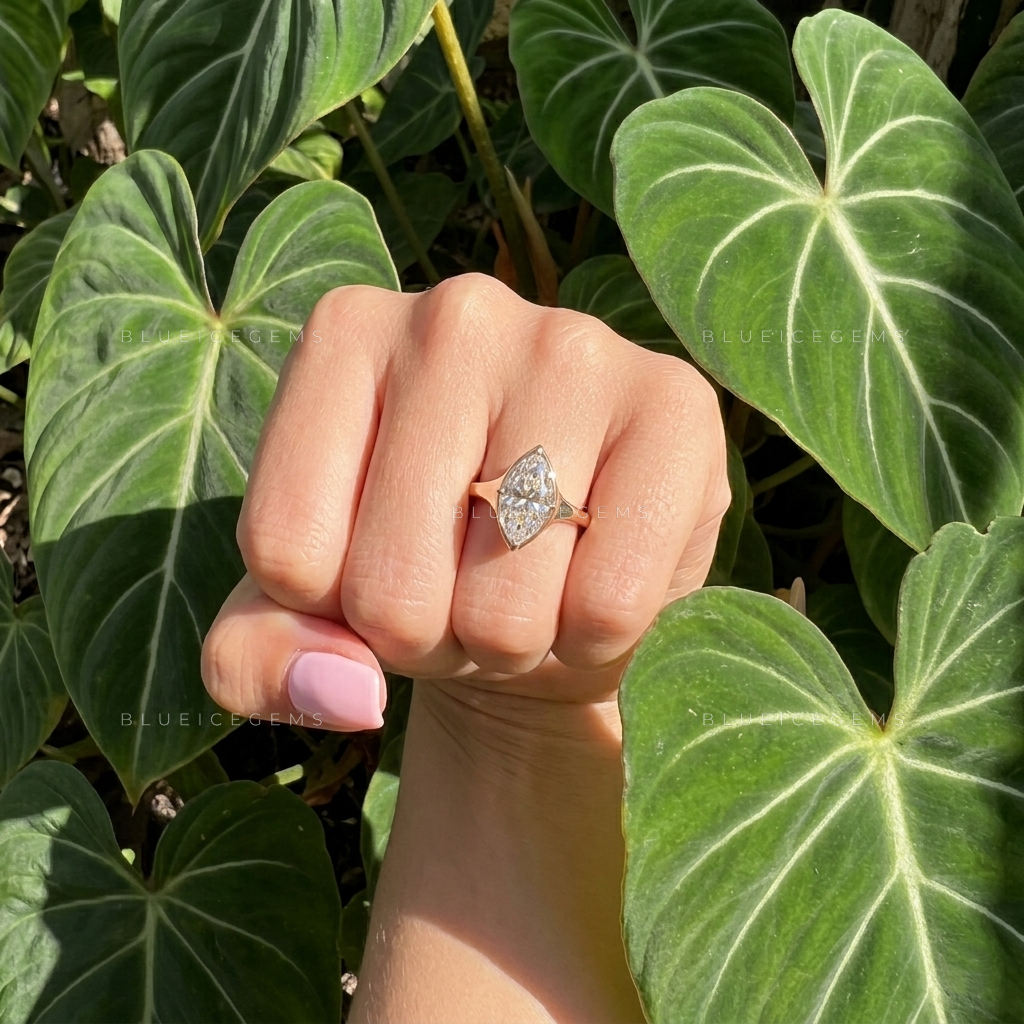 Modern Marquise Cut Bezel Set Signet Style Engagement Ring