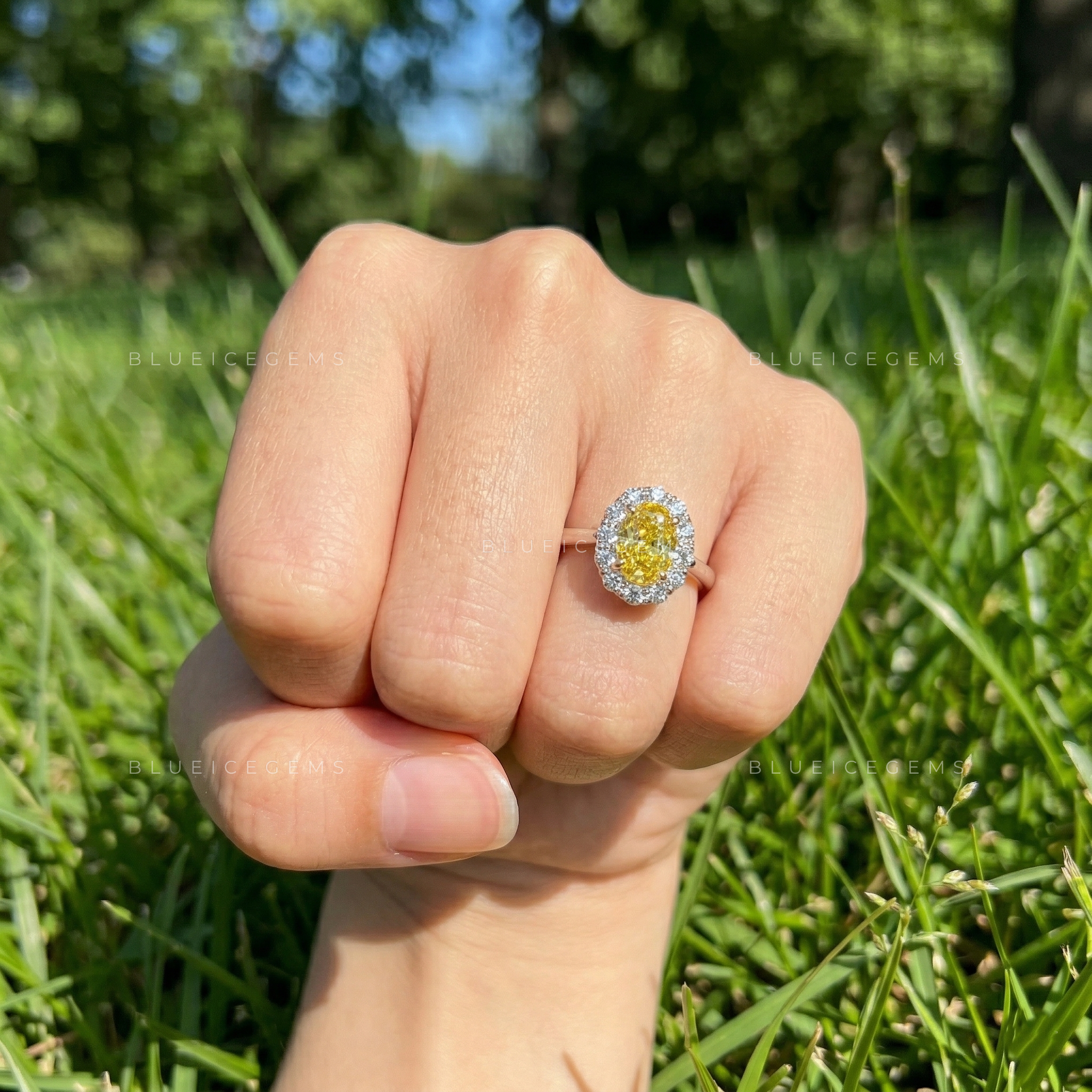 Golden Solstice Vivid Yellow Oval Three-Stone Ring