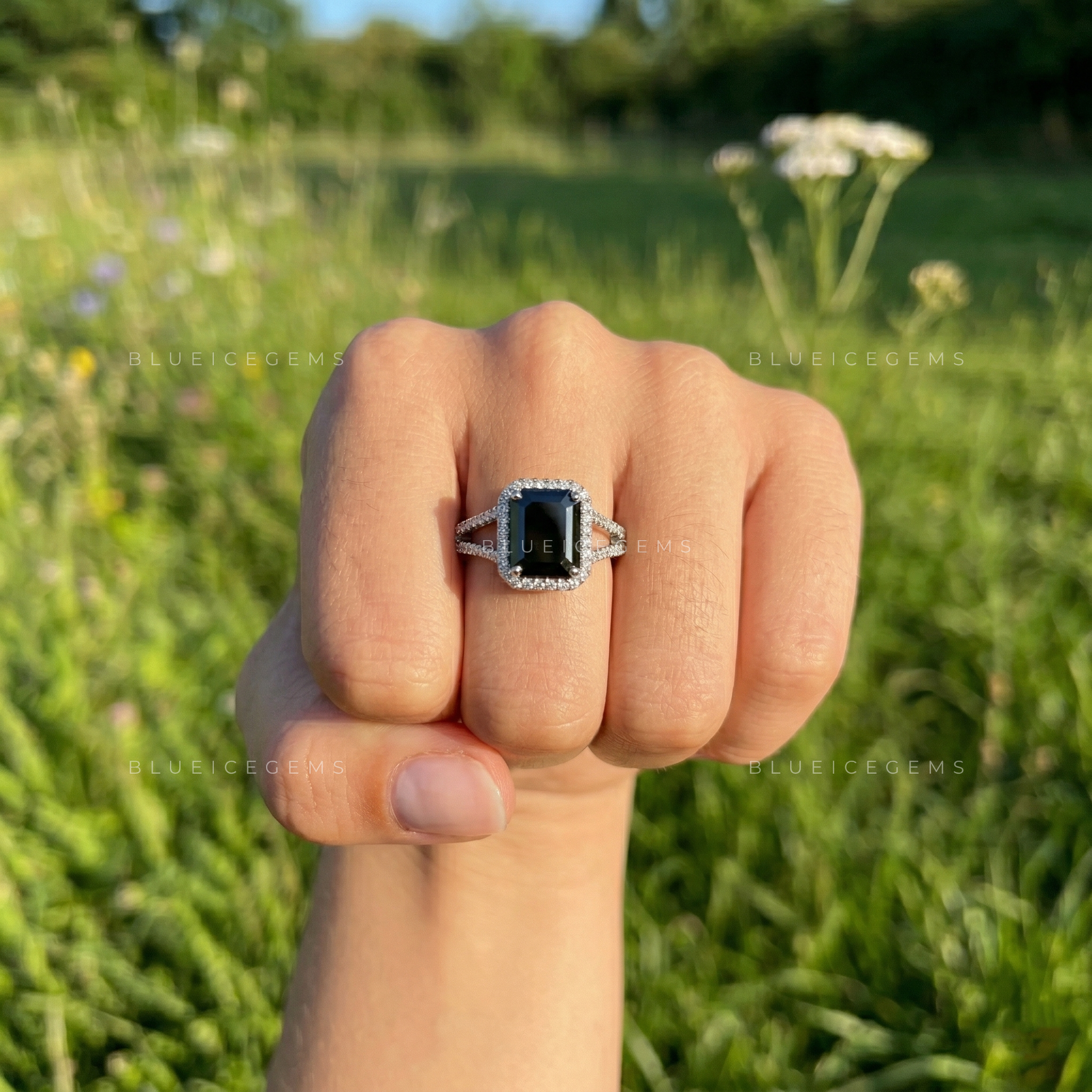 Architectural Noir Emerald Cut Black Diamond Pavé Engagement Ring