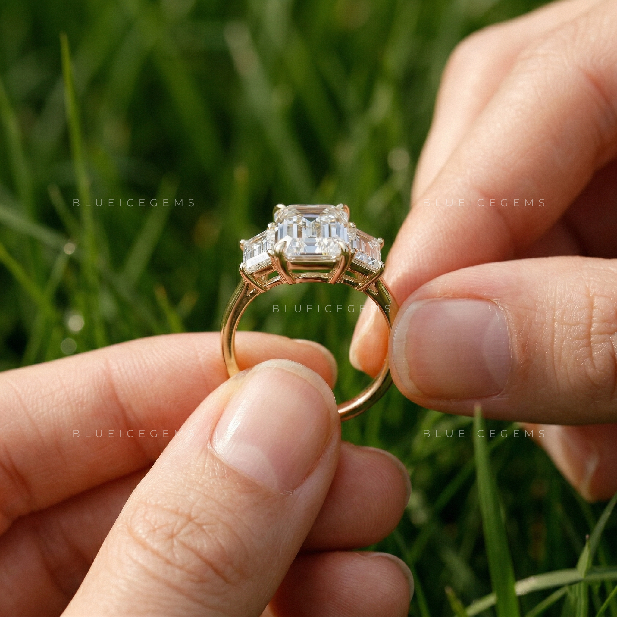 Architectural Elegance Emerald and Trapezoid Cut Trilogy Ring