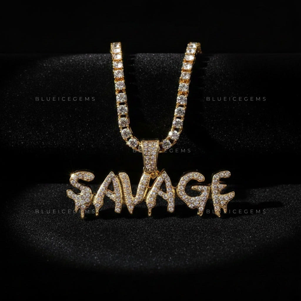 The "SAVAGE" Drip: Liquid-Effect 3D Bubble Script & Golden Halo Pendant