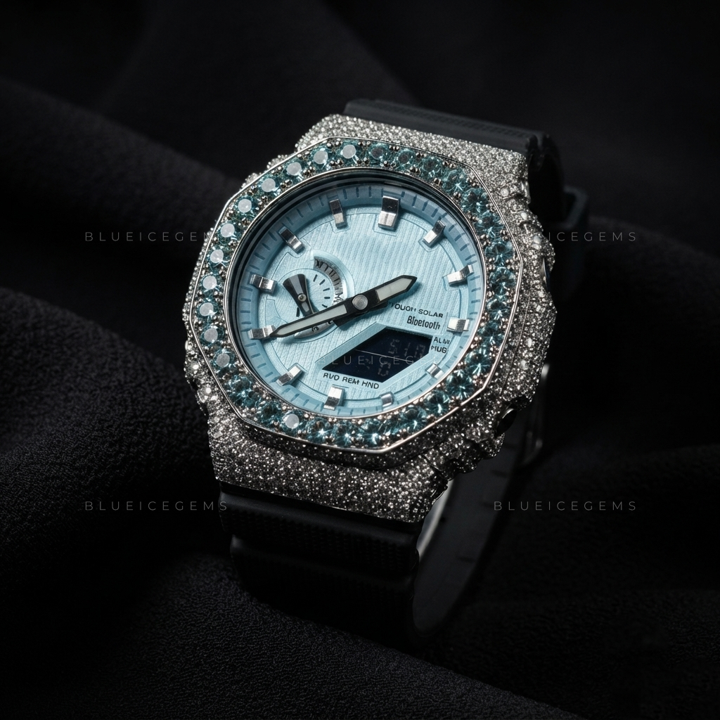 Arctic Azure Royale Watch – Aqua Blue CZ & White Moissanite