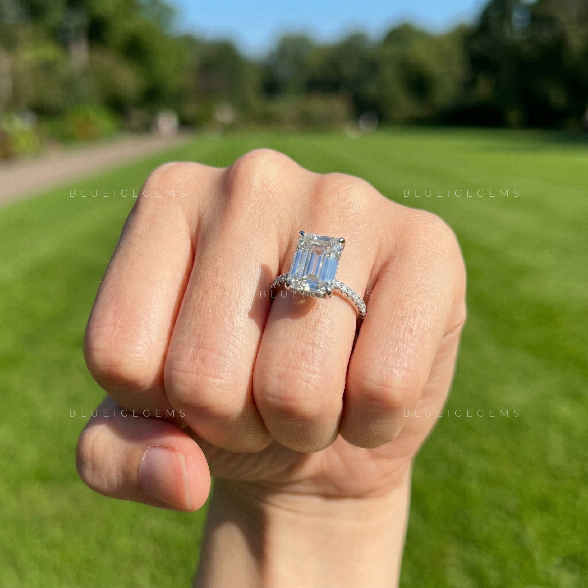 Celestial Radiance Emerald Cut Lab-Grown Diamond Hidden Halo Ring