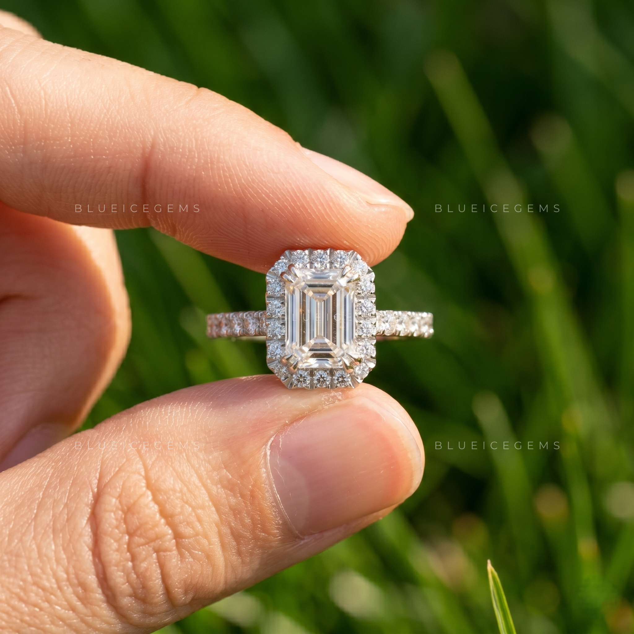 Sophisticated Emerald Cut Halo and Pave Statement Engagement Ring