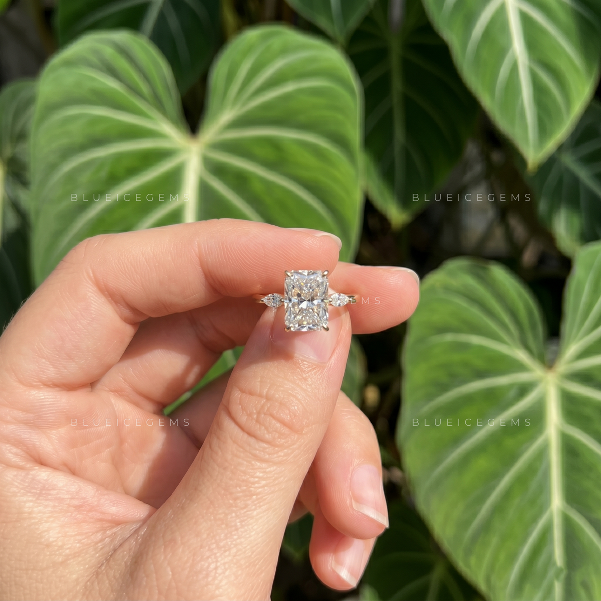 Radiant Cut Three Stone Engagement Ring with Marquise Side Accents