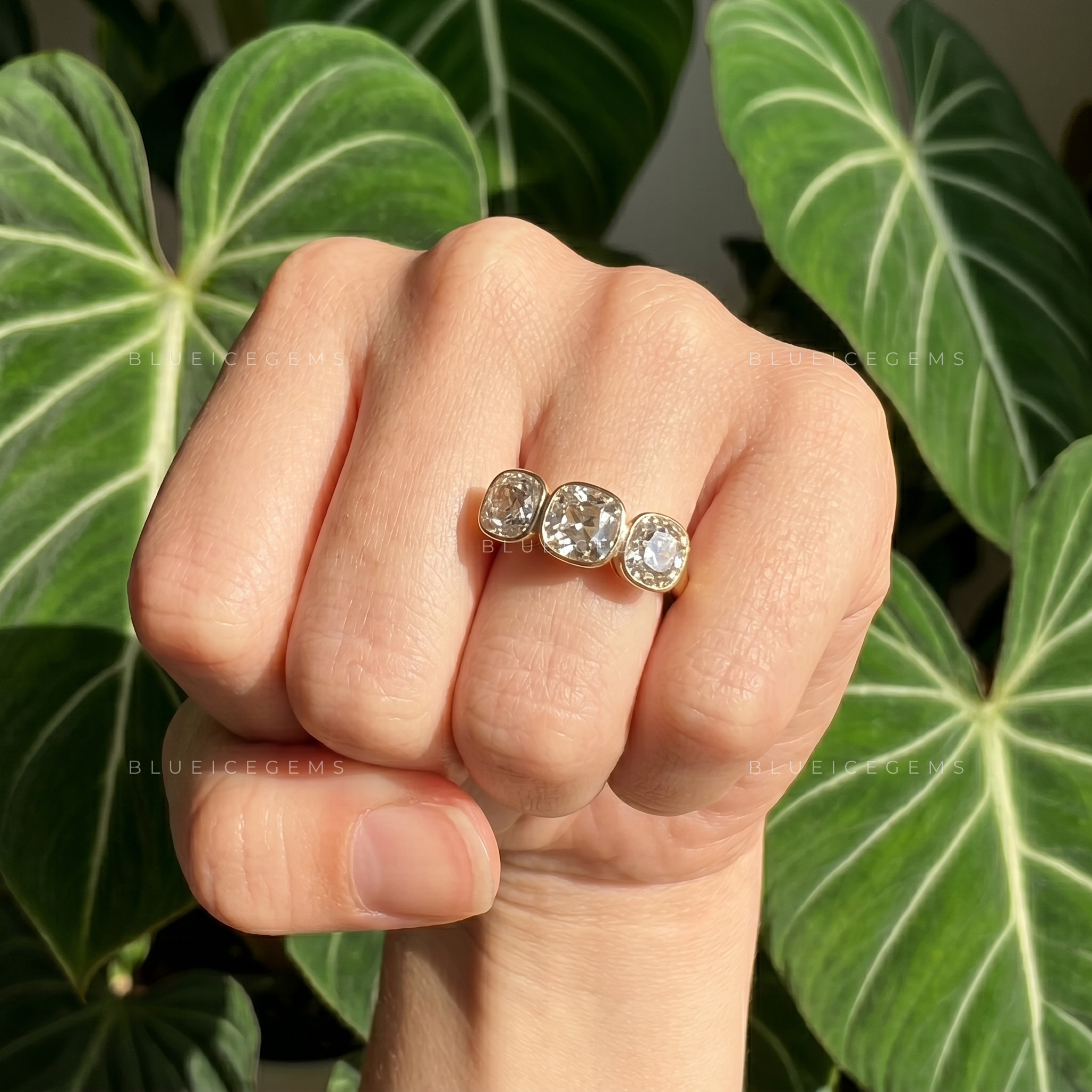 Timeless Charm Old Mine Cut Bezel Three Stone Engagement Ring