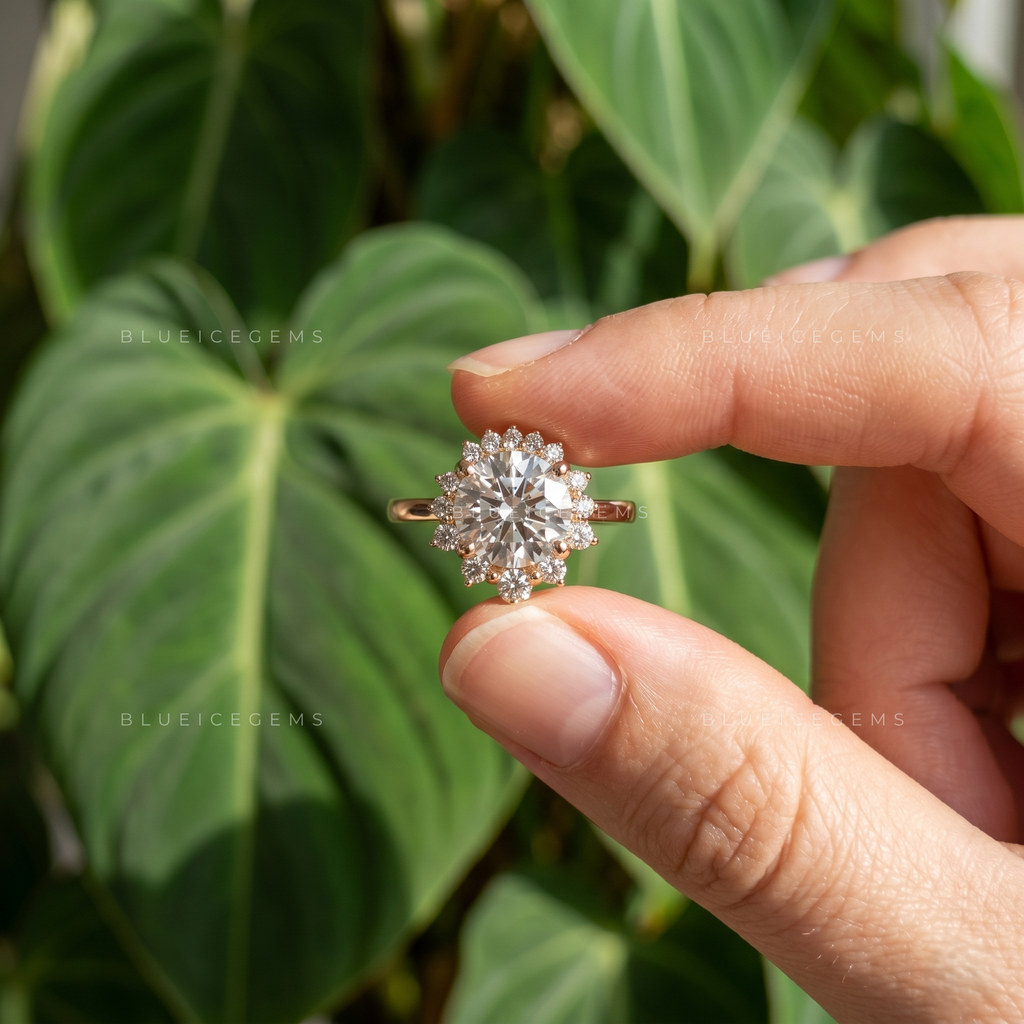 Whimsical Bloom Art Deco Floral Halo Engagement Ring