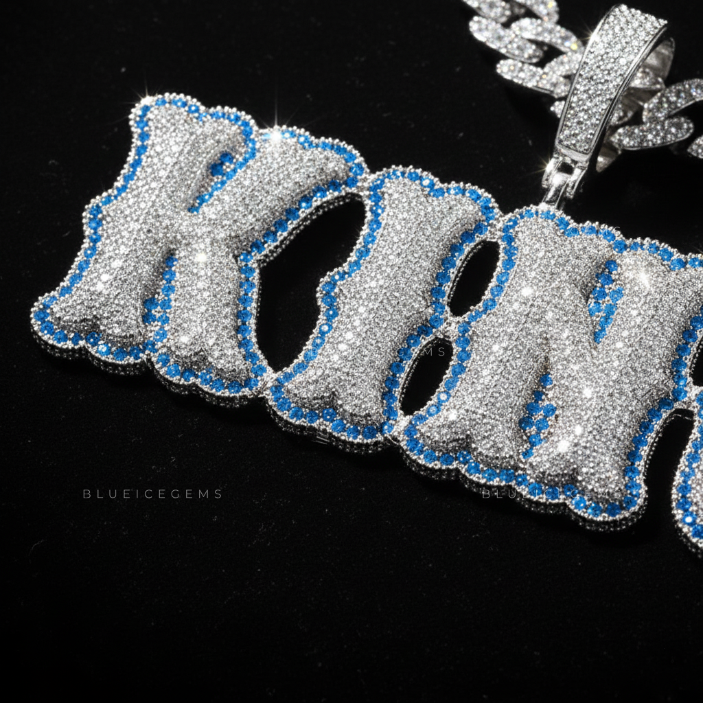 The "KING" Azure Sovereign: Electric Blue Halo & 3D Bubble Script Pendant