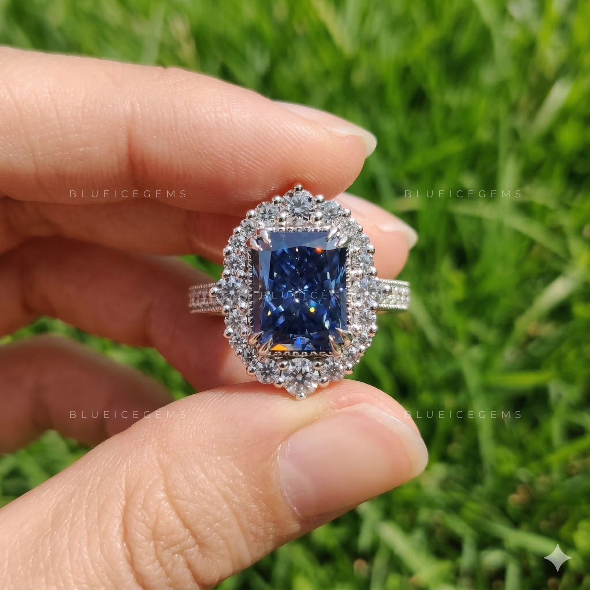 Deep Sea Radiant Cut Blue Moissanite Pavé Ring