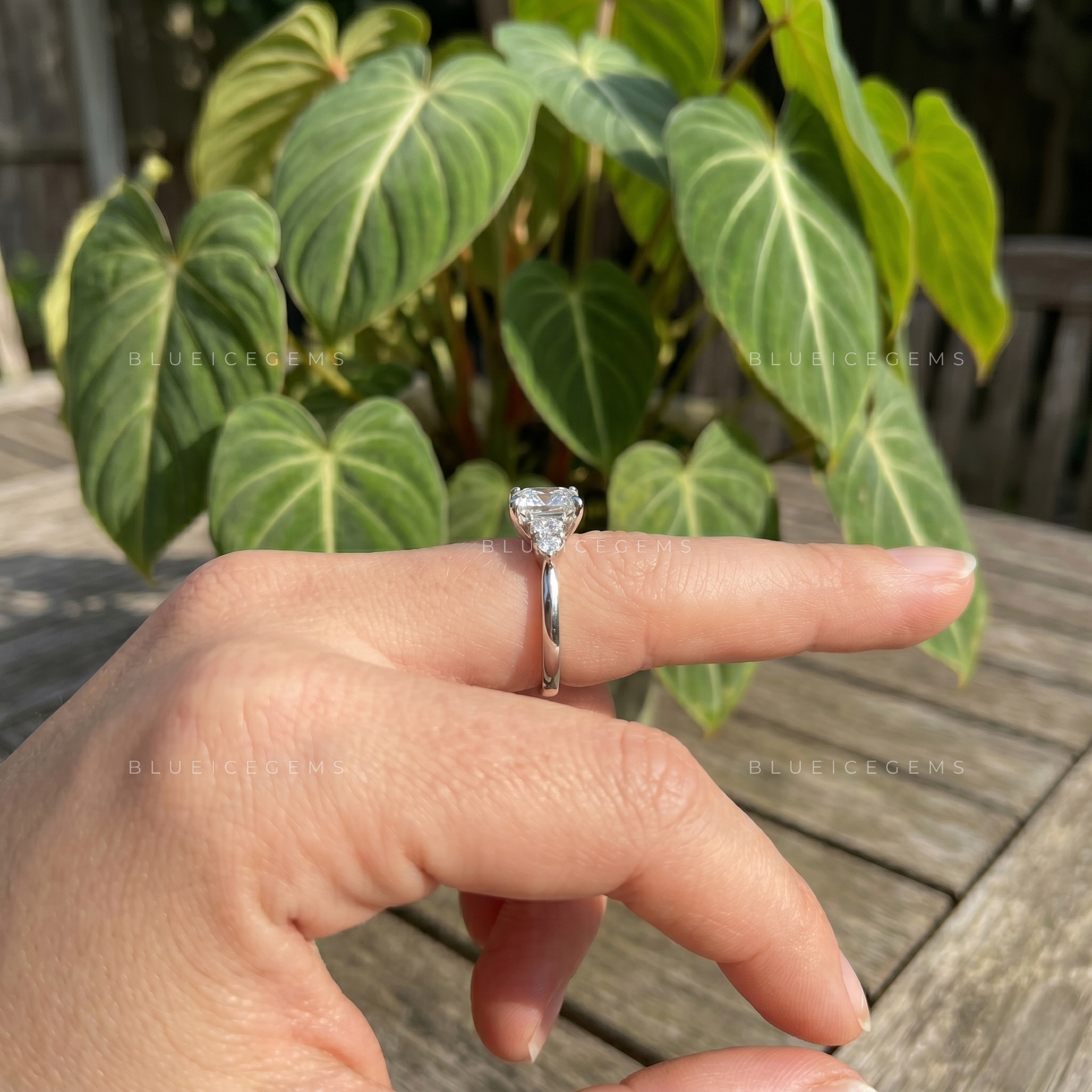 Regal Geometry Princess Cut Three Stone Compass Prong Engagement Ring