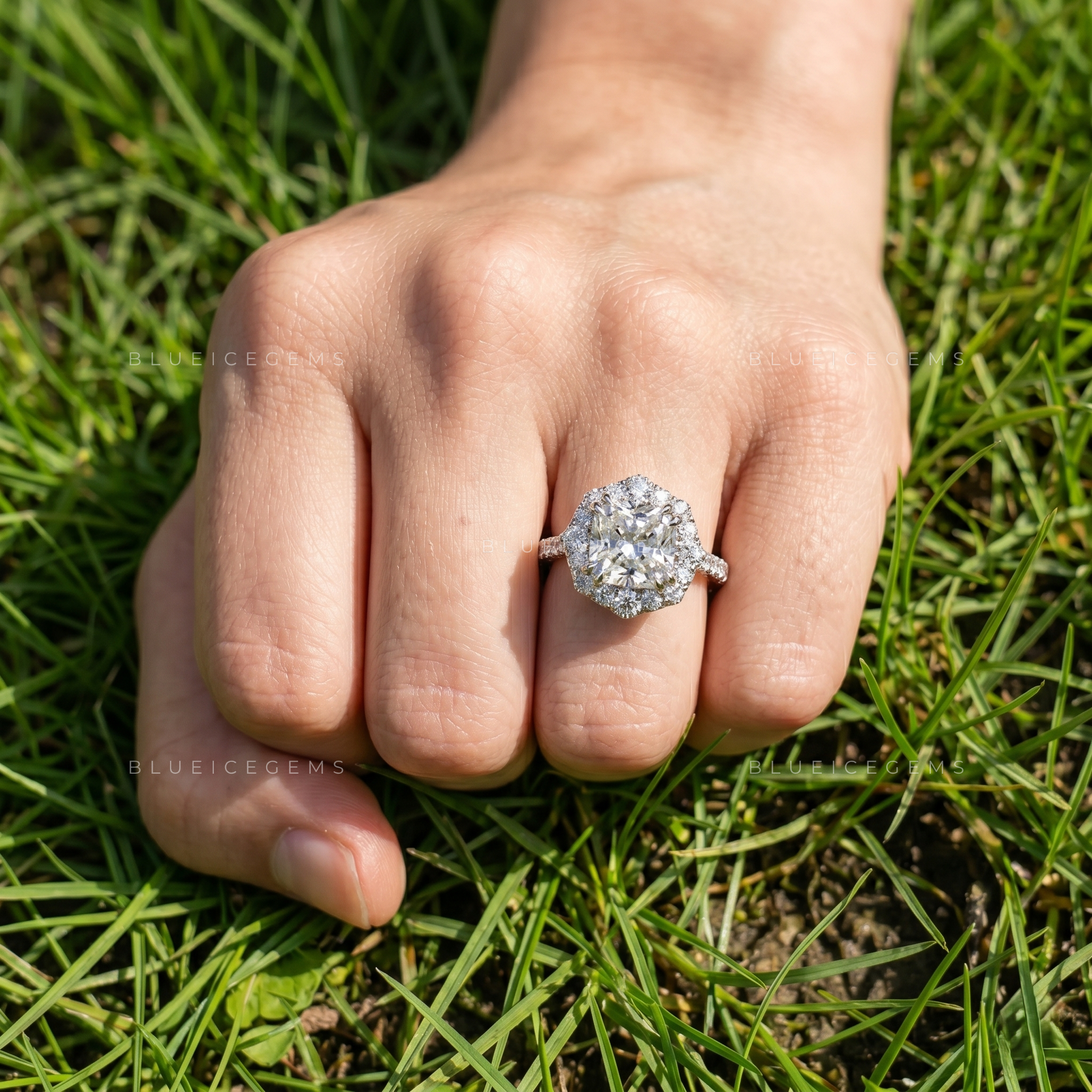 Radiant Allure Cushion Cut Pave Accent Engagement Ring