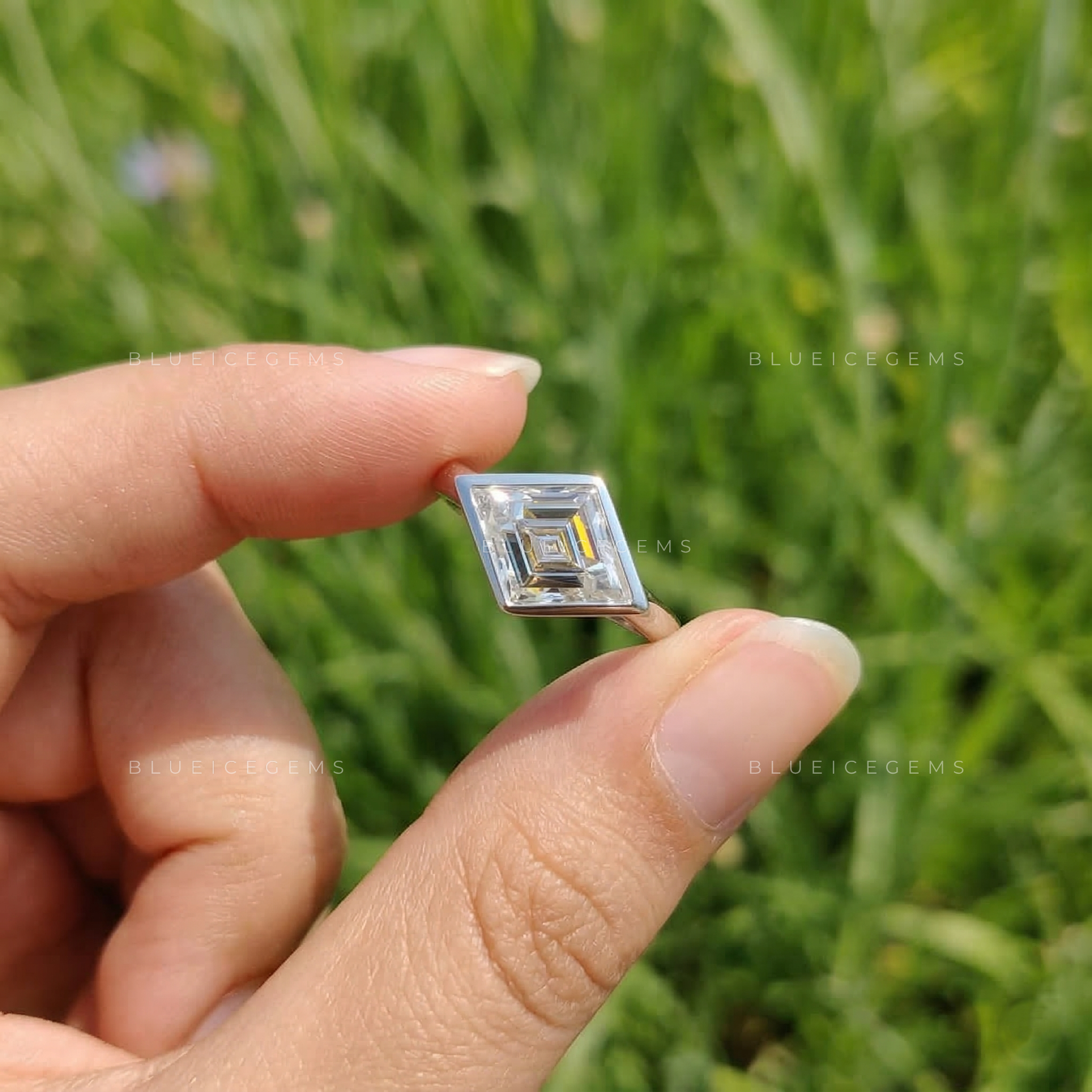 Minimalist Lozenge Cut East-West Bezel Ring