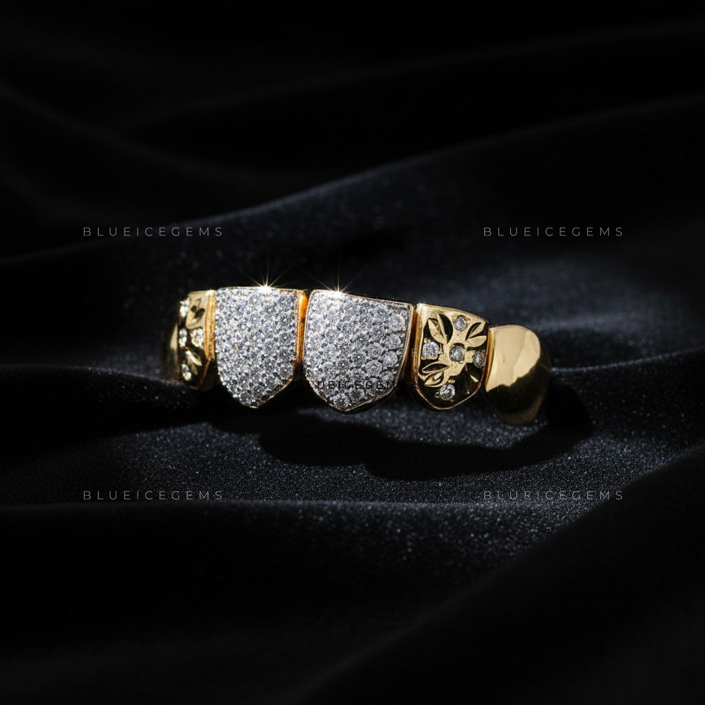 Floral Engraved Iced-Out Shield Grillz