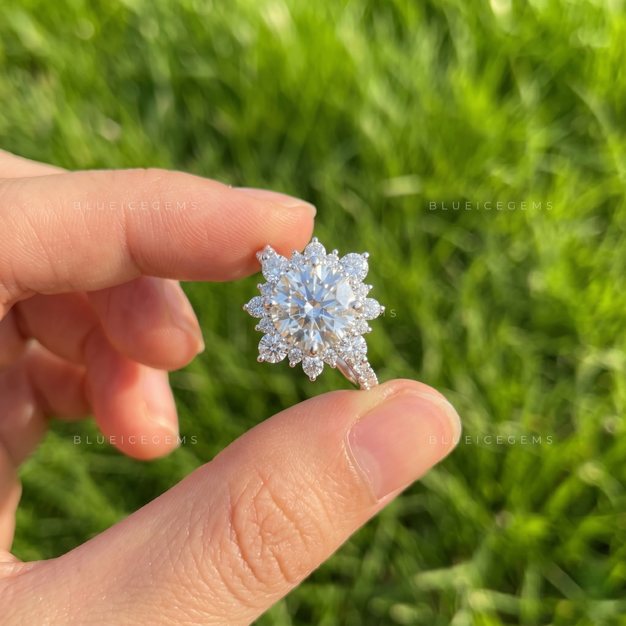 Distinctive Low-Profile Round Brilliant Cut Halo Cluster Keepsake Ring