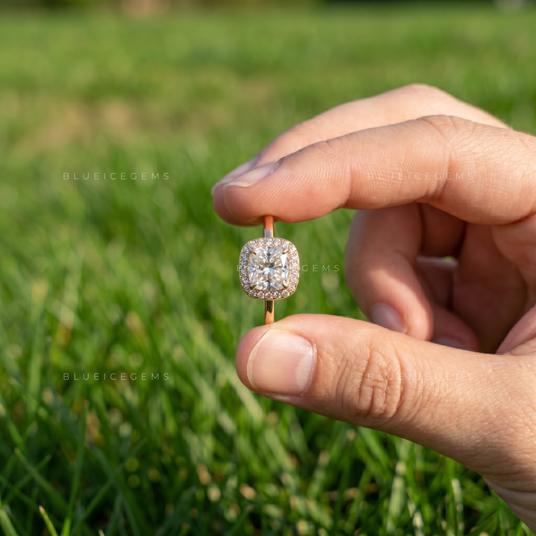Luminous Cushion Cut Halo Statement Ring with Open Gallery