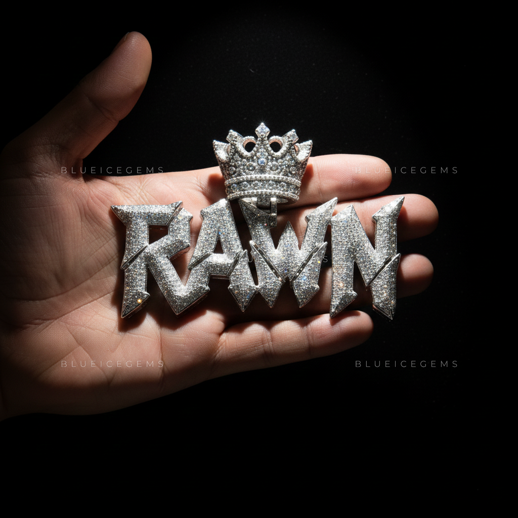 "RAWN" Custom Sharp-Script Iced-Out Pendant with Crown