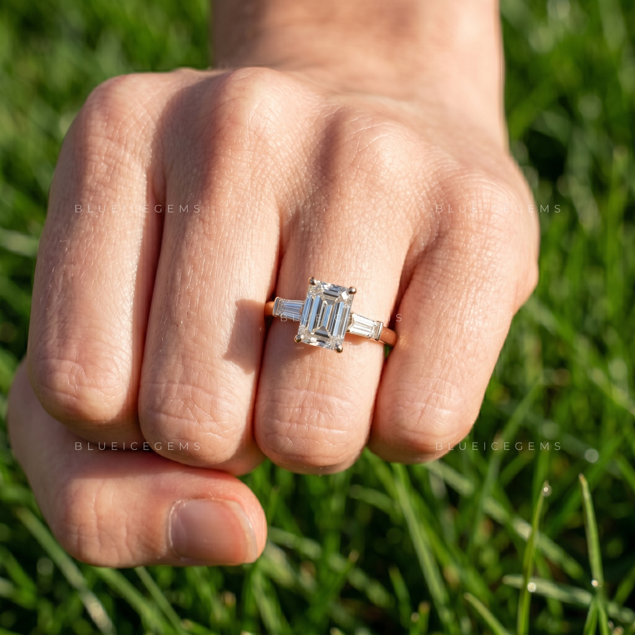 Refined Prestige Emerald Cut Baguette Accent Engagement Ring