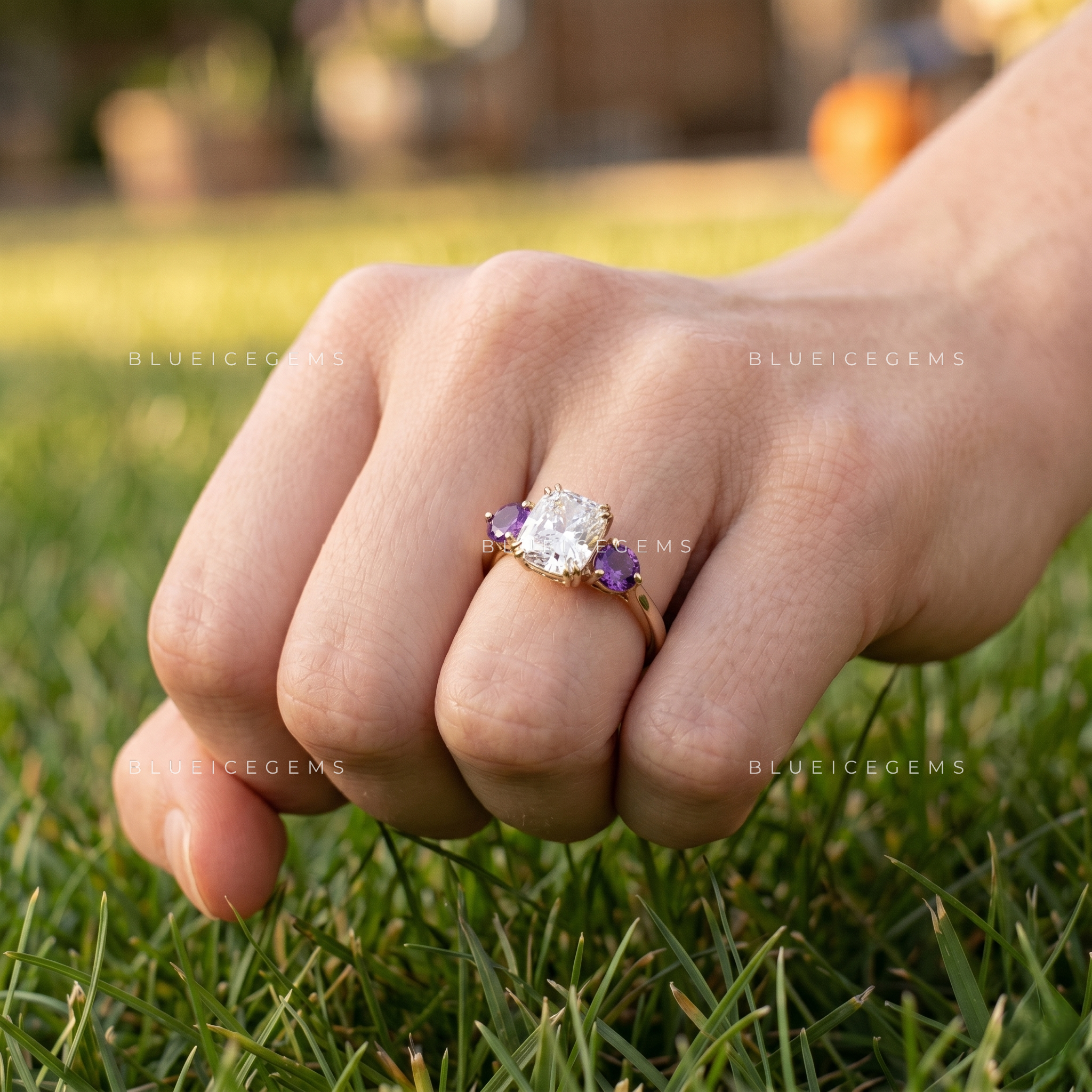 Velvet Harmony Cushion Cut Amethyst Accent Engagement Ring