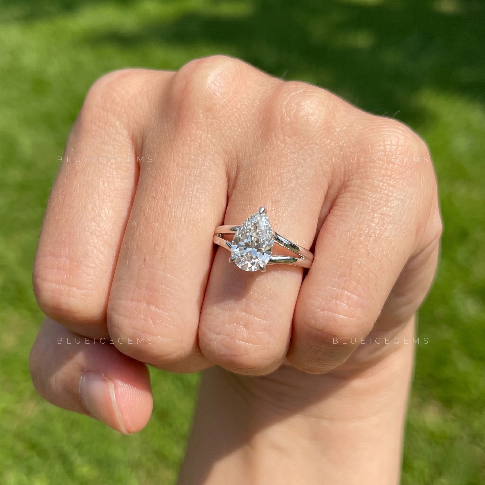 Graceful Majesty Pear Cut Split Shank Hidden Halo Engagement Ring
