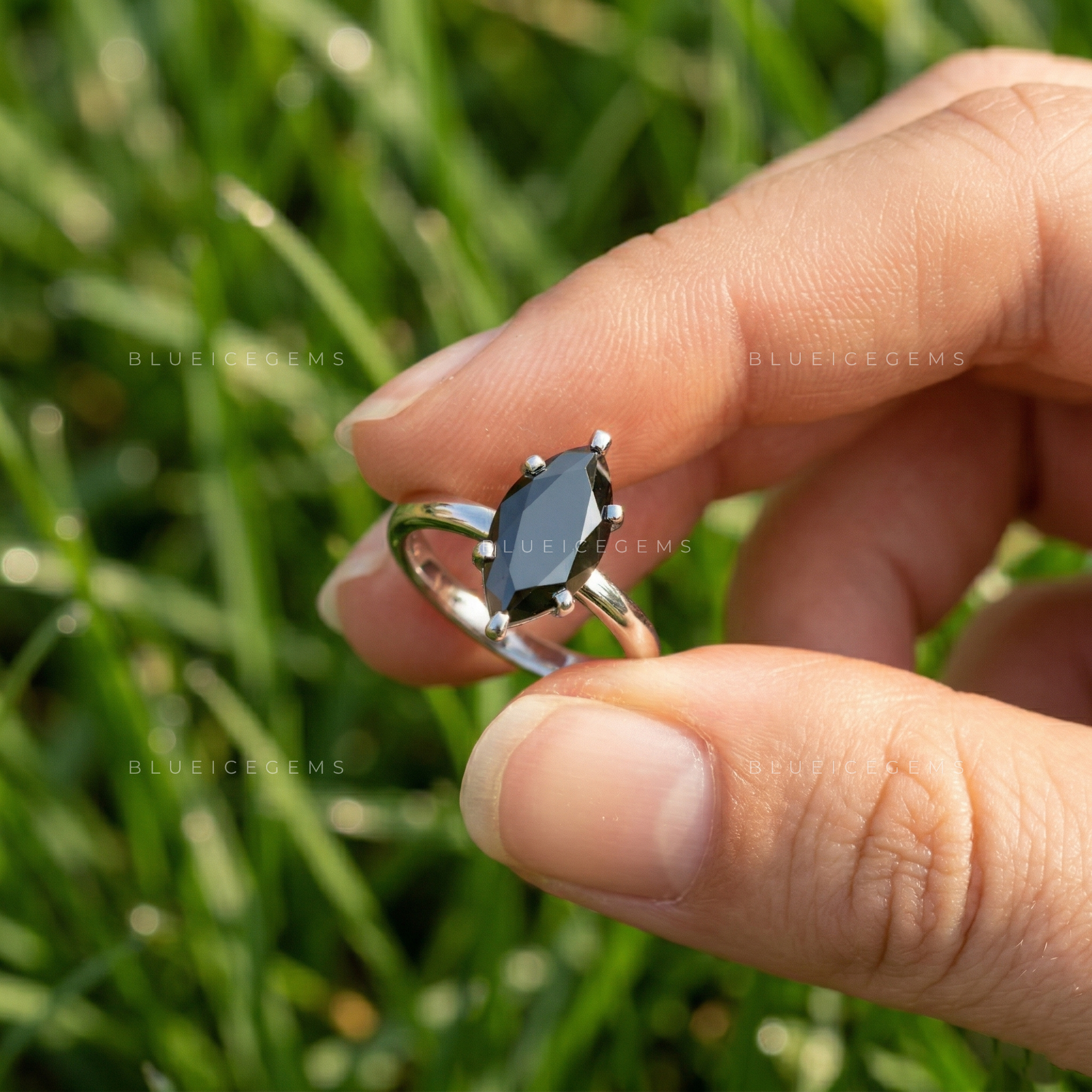Midnight Noir Marquise Cut Black Diamond Hidden Halo Ring