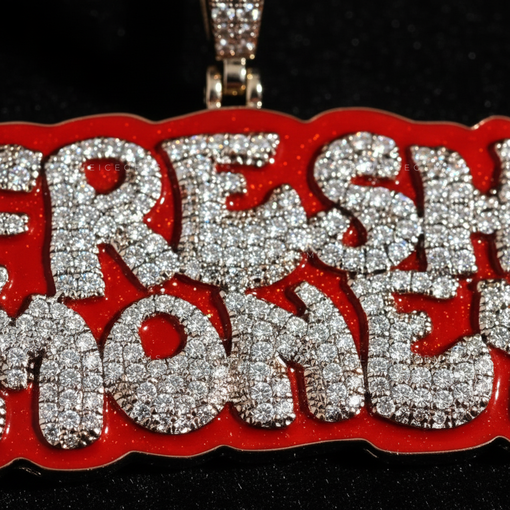 The "FRESH MONEY" Hustle: Crimson Enamel & Graffiti-Bubble Script Pendant