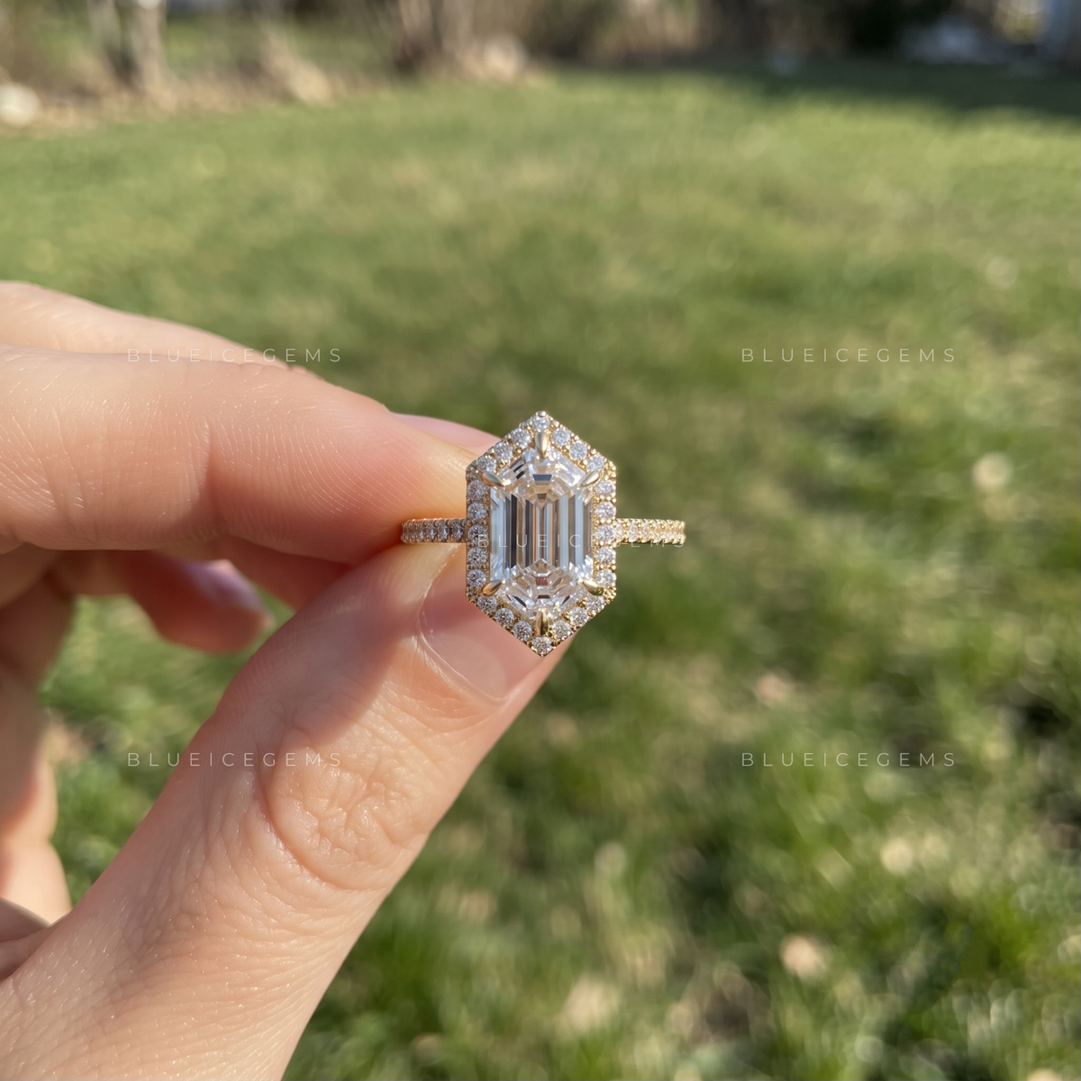 Celestara Elongated Hexagon Halo Pavé Engagement Ring