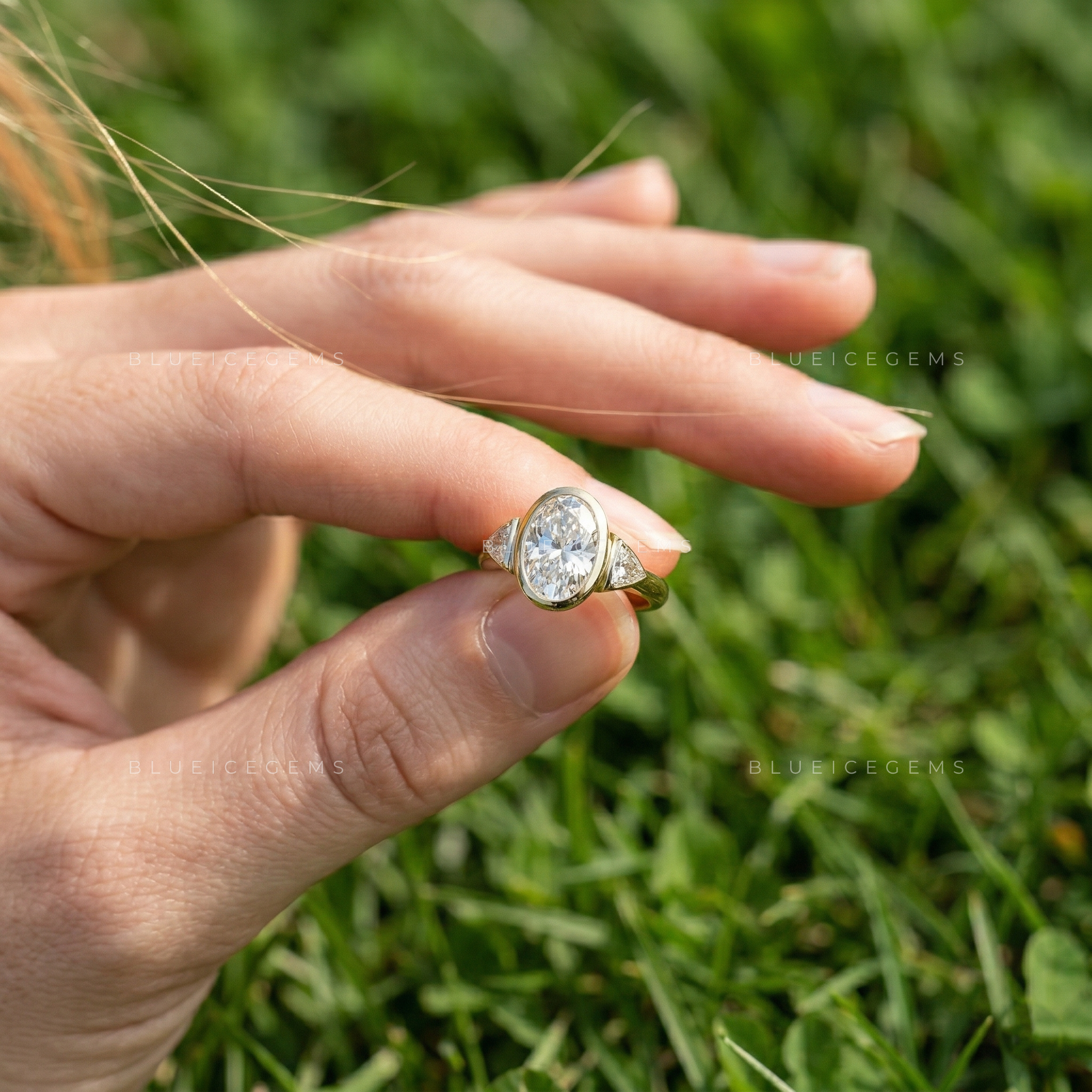 Modern Elegance Oval and Trillion Cut Trilogy Engagement Ring