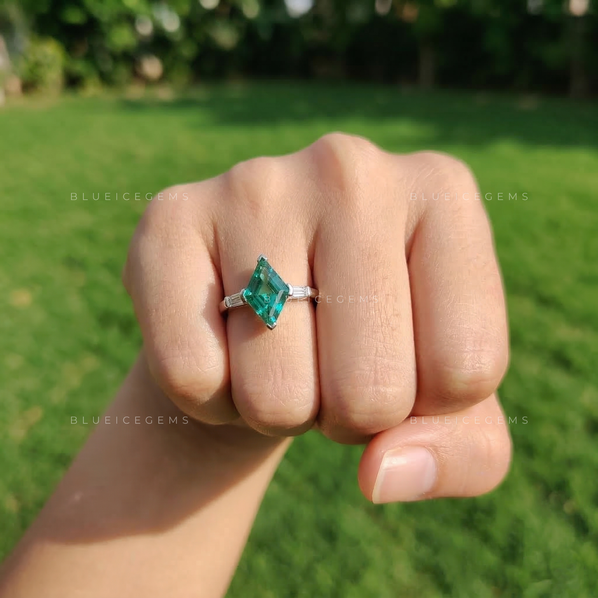 Mystic Forest Lozenge Cut Baguette Three Stone Ring