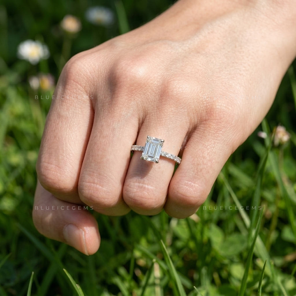 Emerald-Cut Cathedral Setting Pave Accented Engagement Ring
