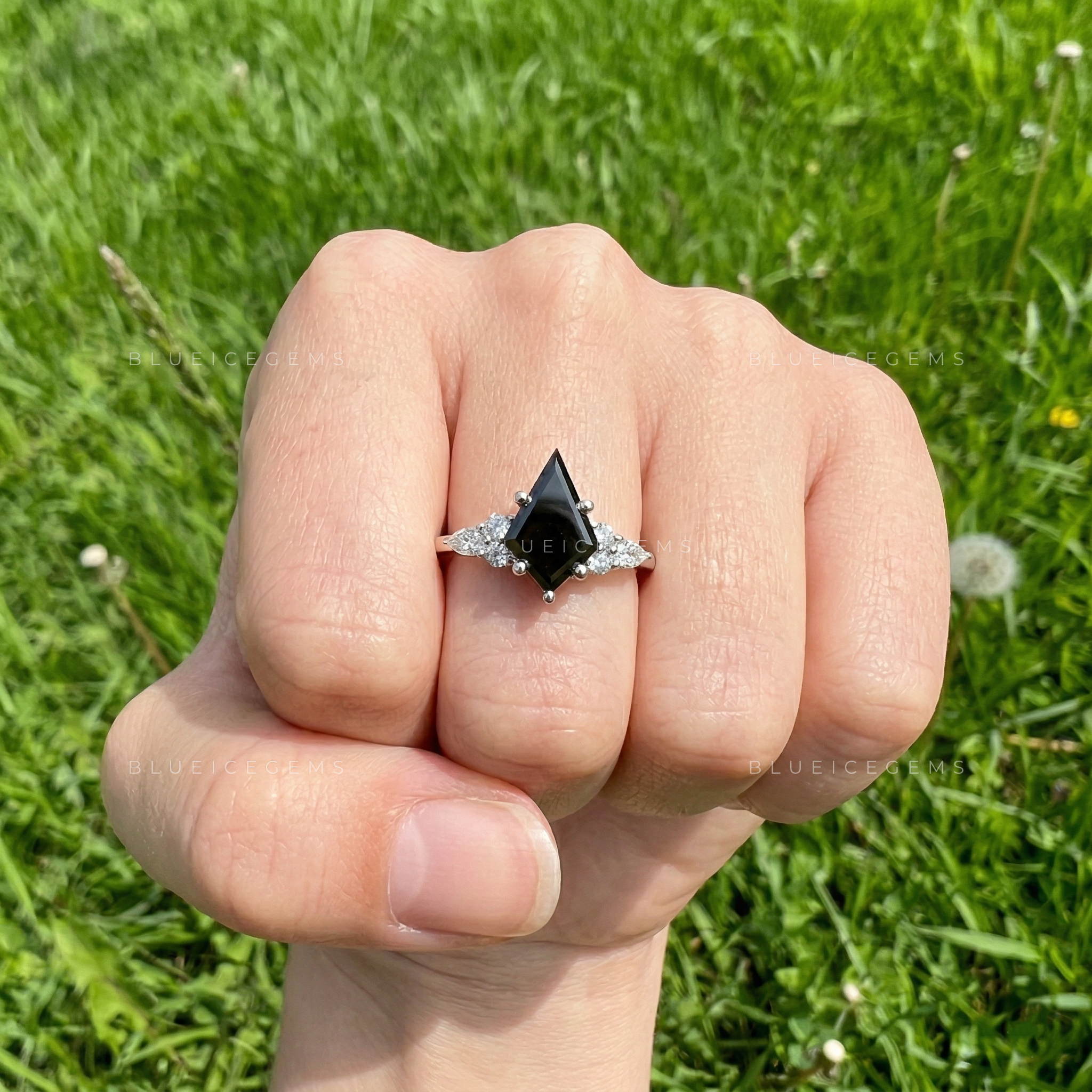 Midnight Noir Kite Cut Black Diamond Celestial Accent Ring