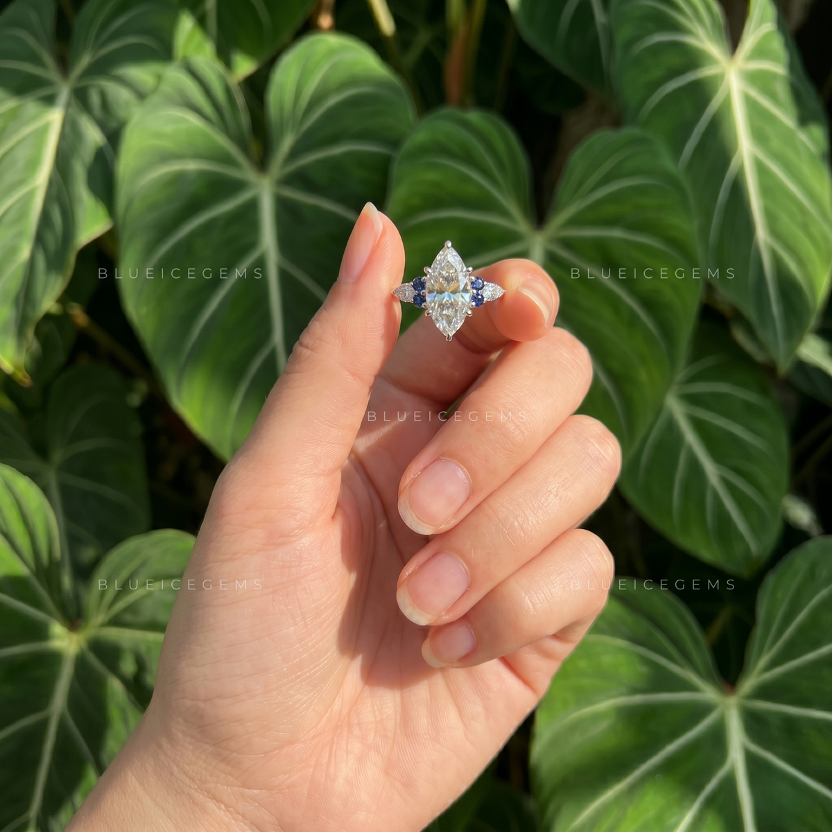 Royal Sapphire Splendor Marquise Cut Three-Stone Accent Ring