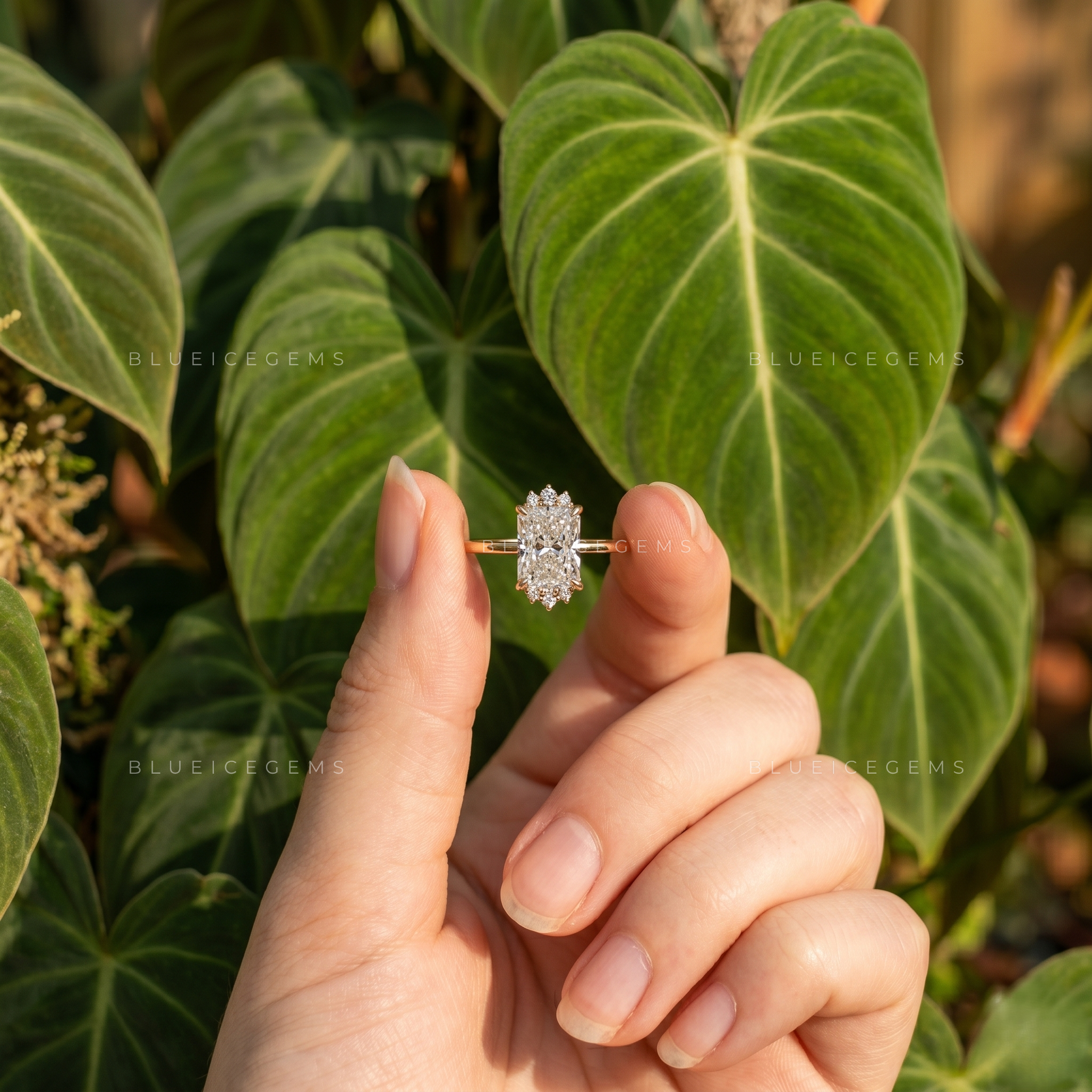 Exquisite Sparkle Elongated Radiant Cut Cluster Solitaire Engagement Ring