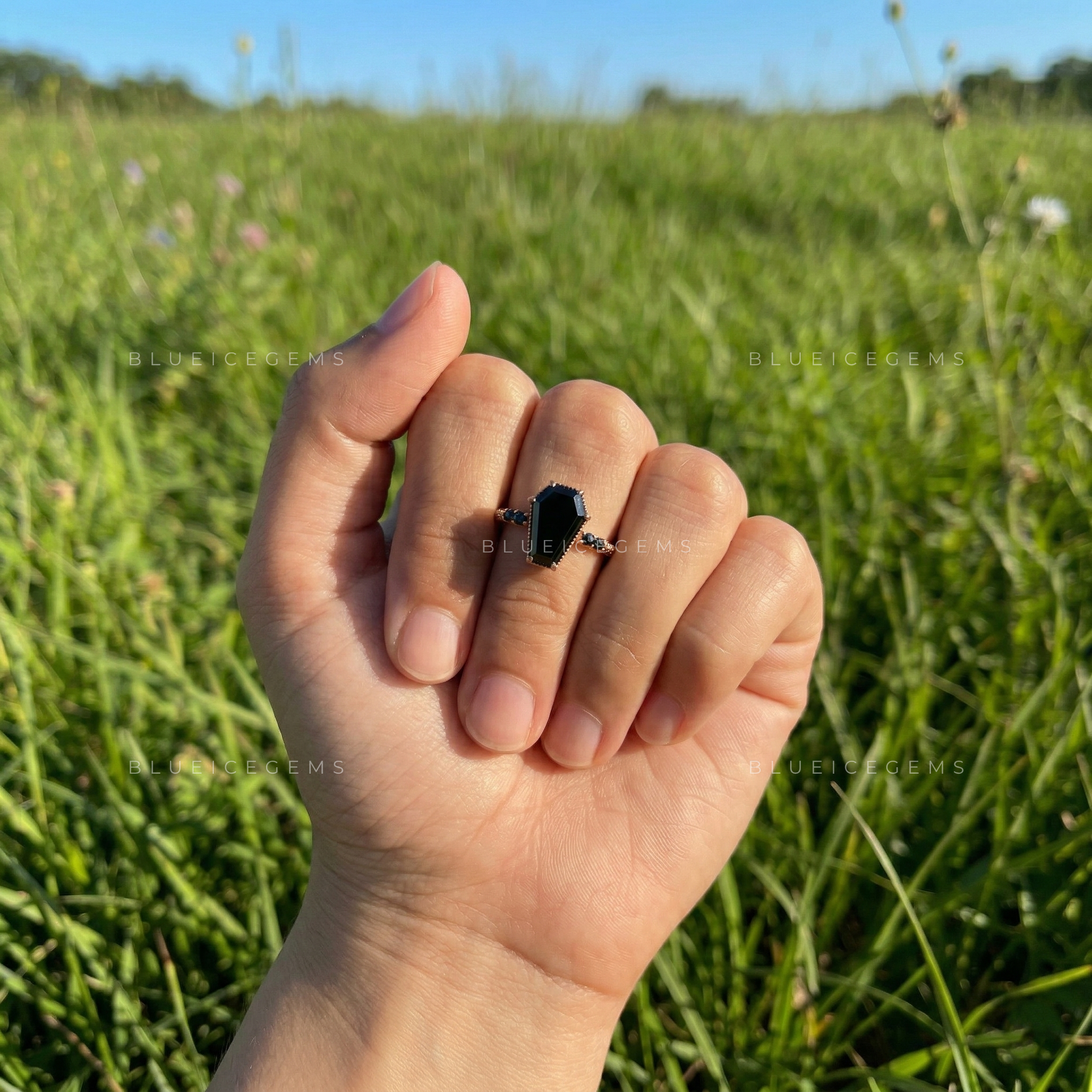Midnight Shadows Coffin Cut Black Moissanite Trilogy Ring