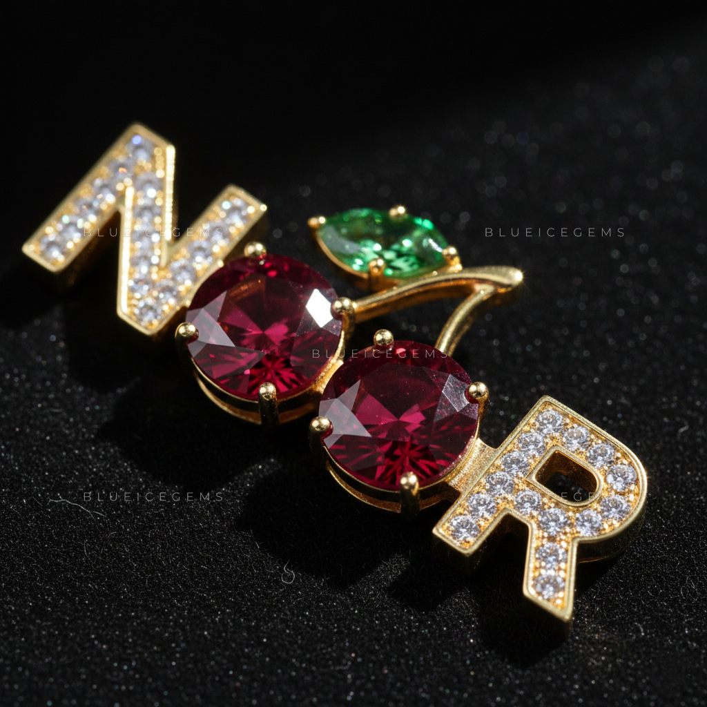 The "NOOR" Cherry Blossom: Crimson Garnet & Emerald Leaf Nameplate
