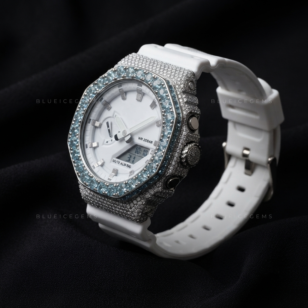 Aqua Frost Mirage Iced Watch – Blue Moissanite & White Resin