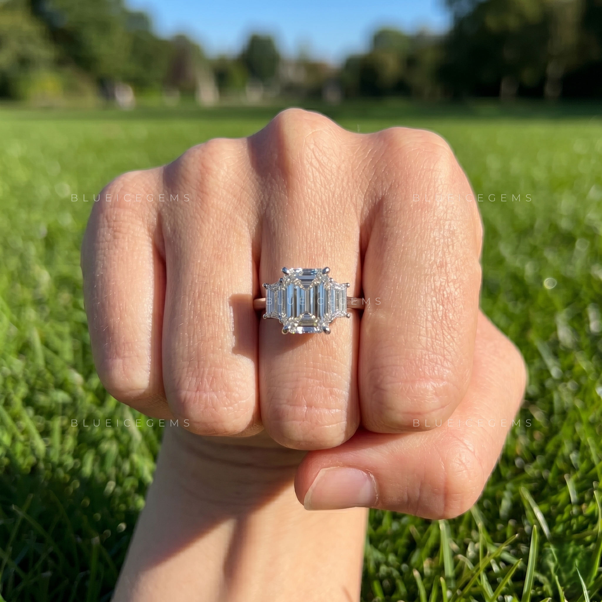 Majestic Symmetry Emerald Cut Three-Stone Engagement Ring