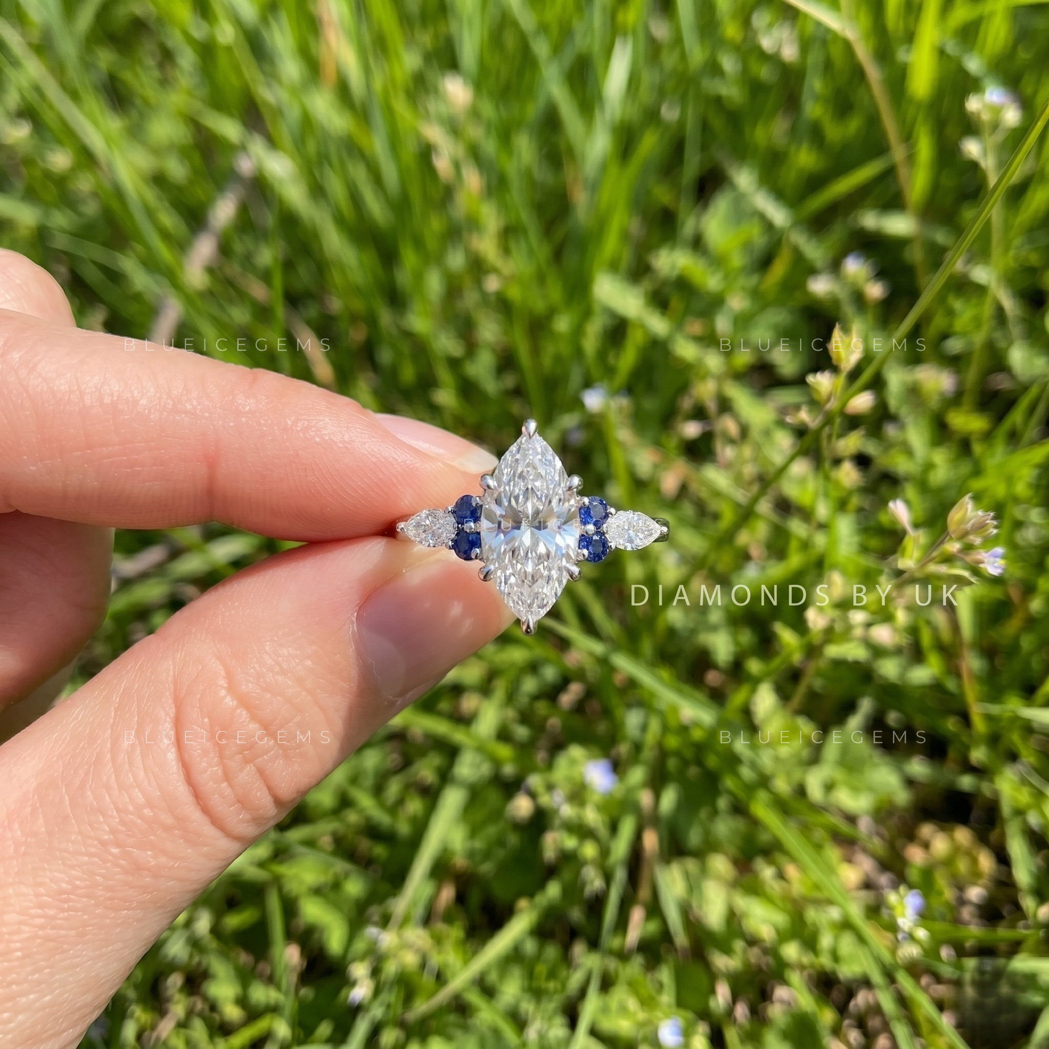 Royal Blossom Marquise Cut Sapphire Accent Engagement Ring