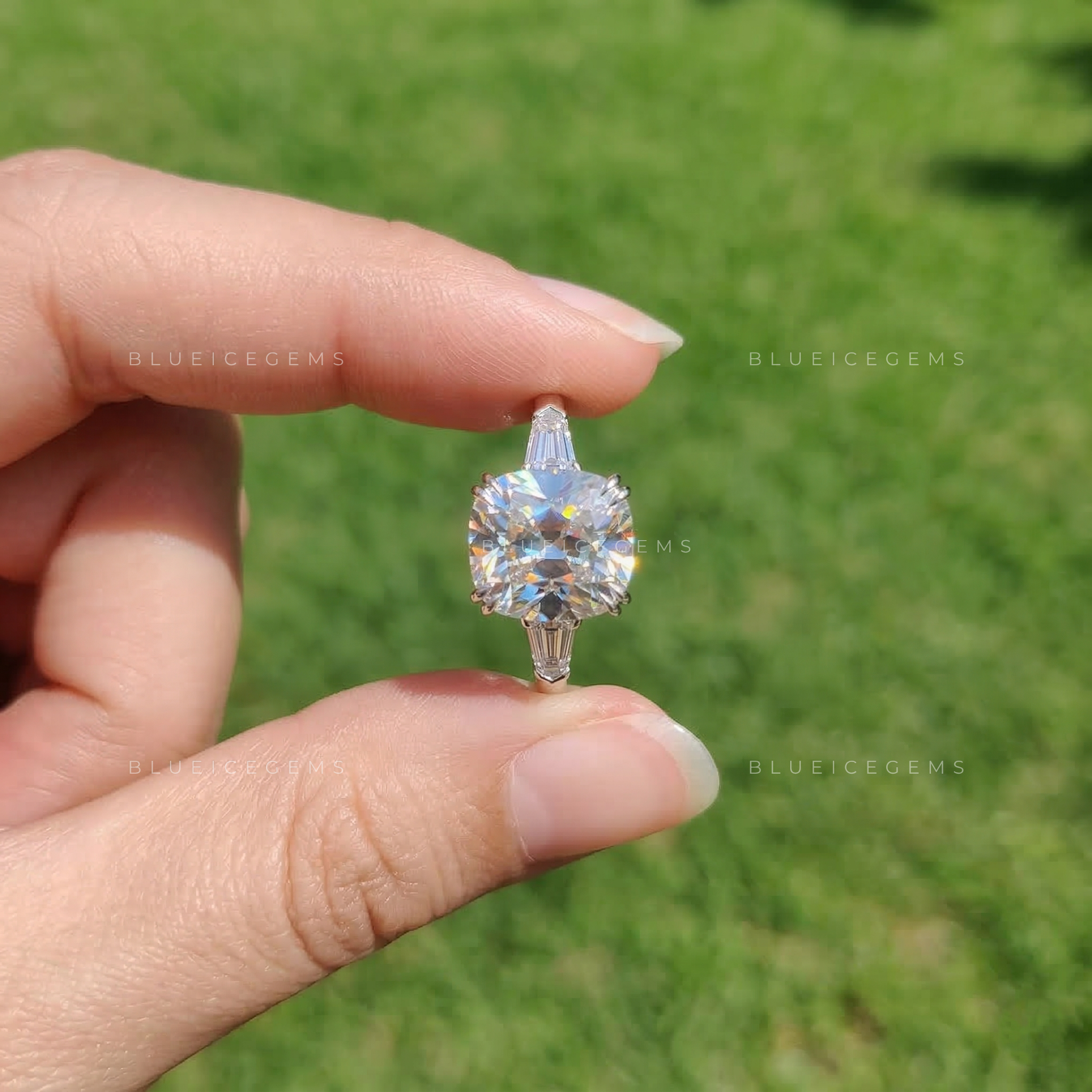Antique Luster Cushion Old European Bullet Three Stone Ring