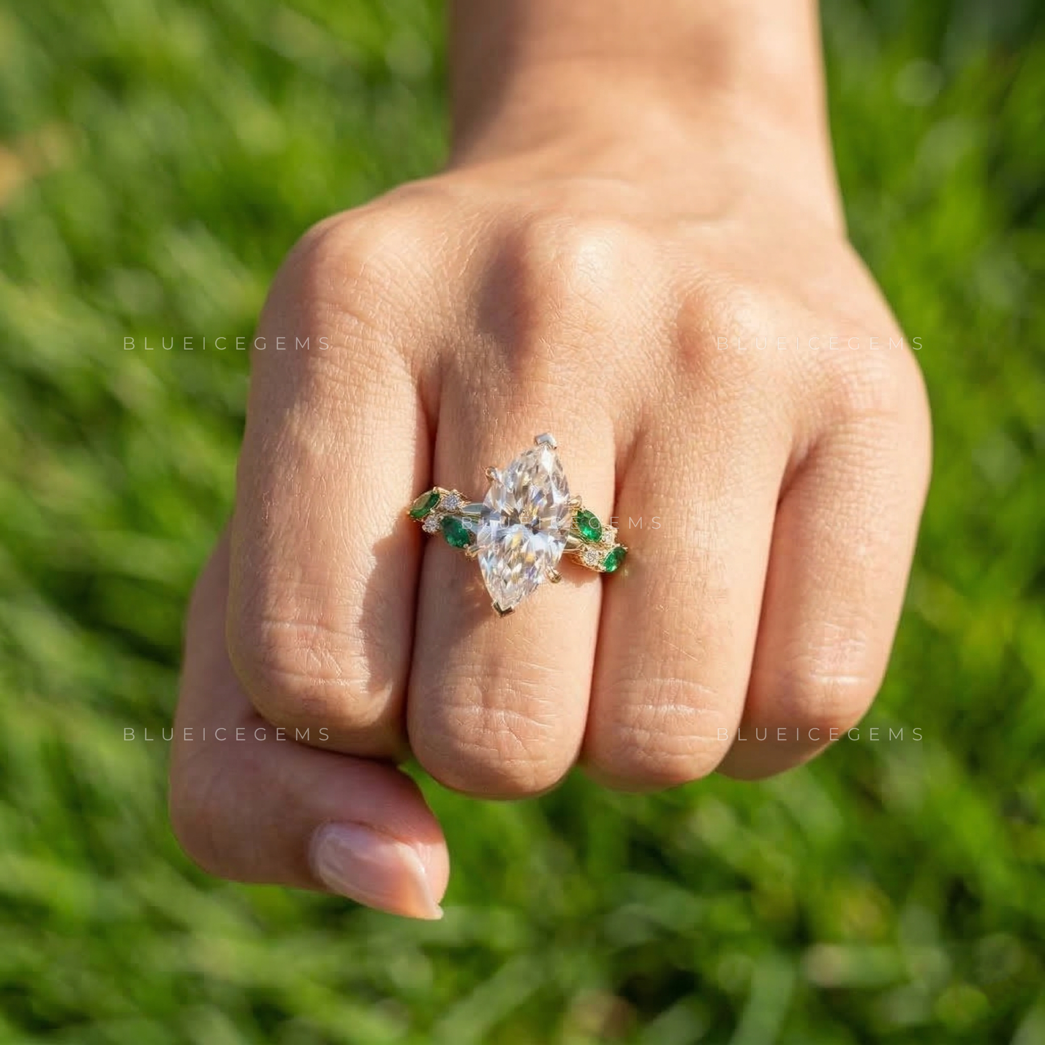 Botanical Harmony Marquise and Emerald Cluster Ring