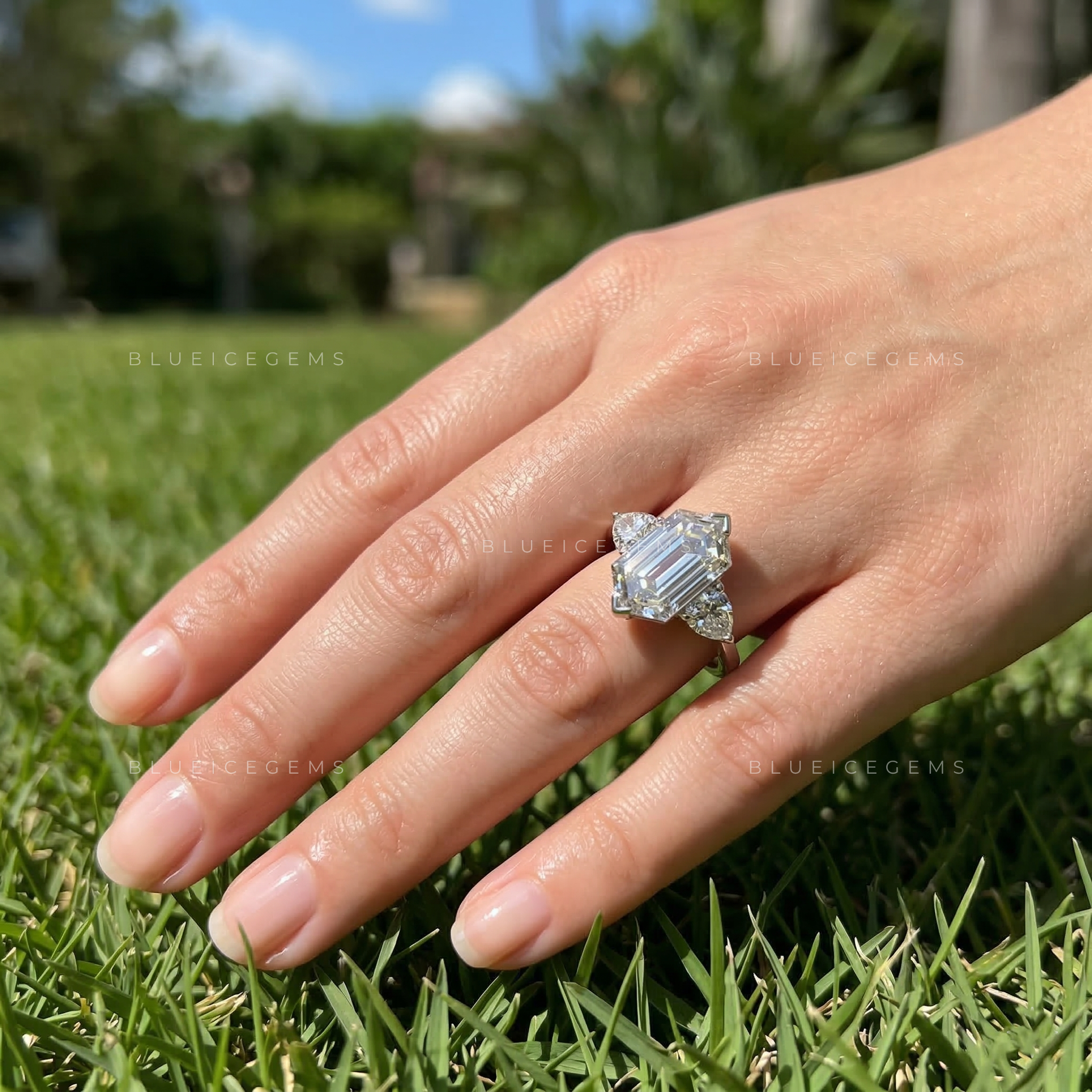 Mystic Slate Hexagon Cut Three-Stone Ring