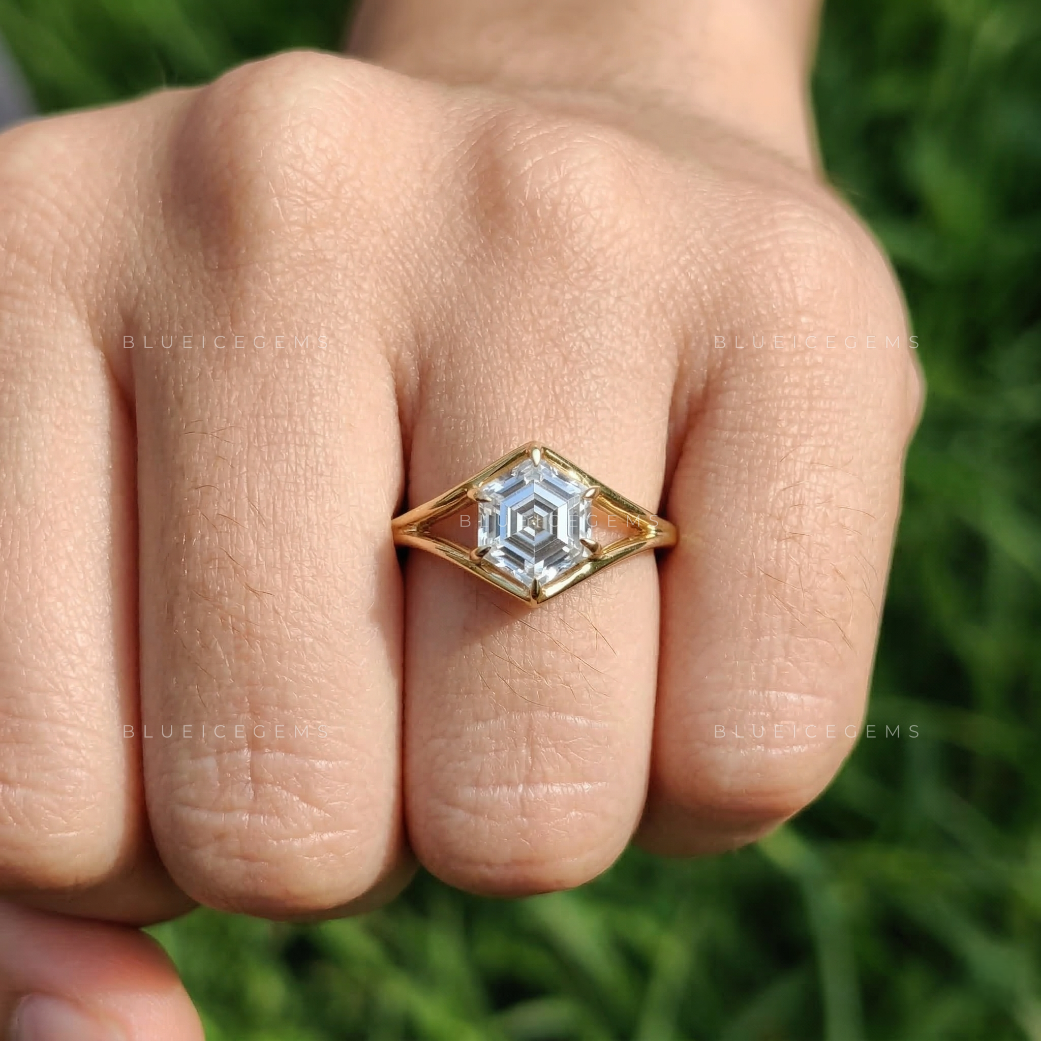 Geometric Essence Hexagon Step Cut Six Prong Ring