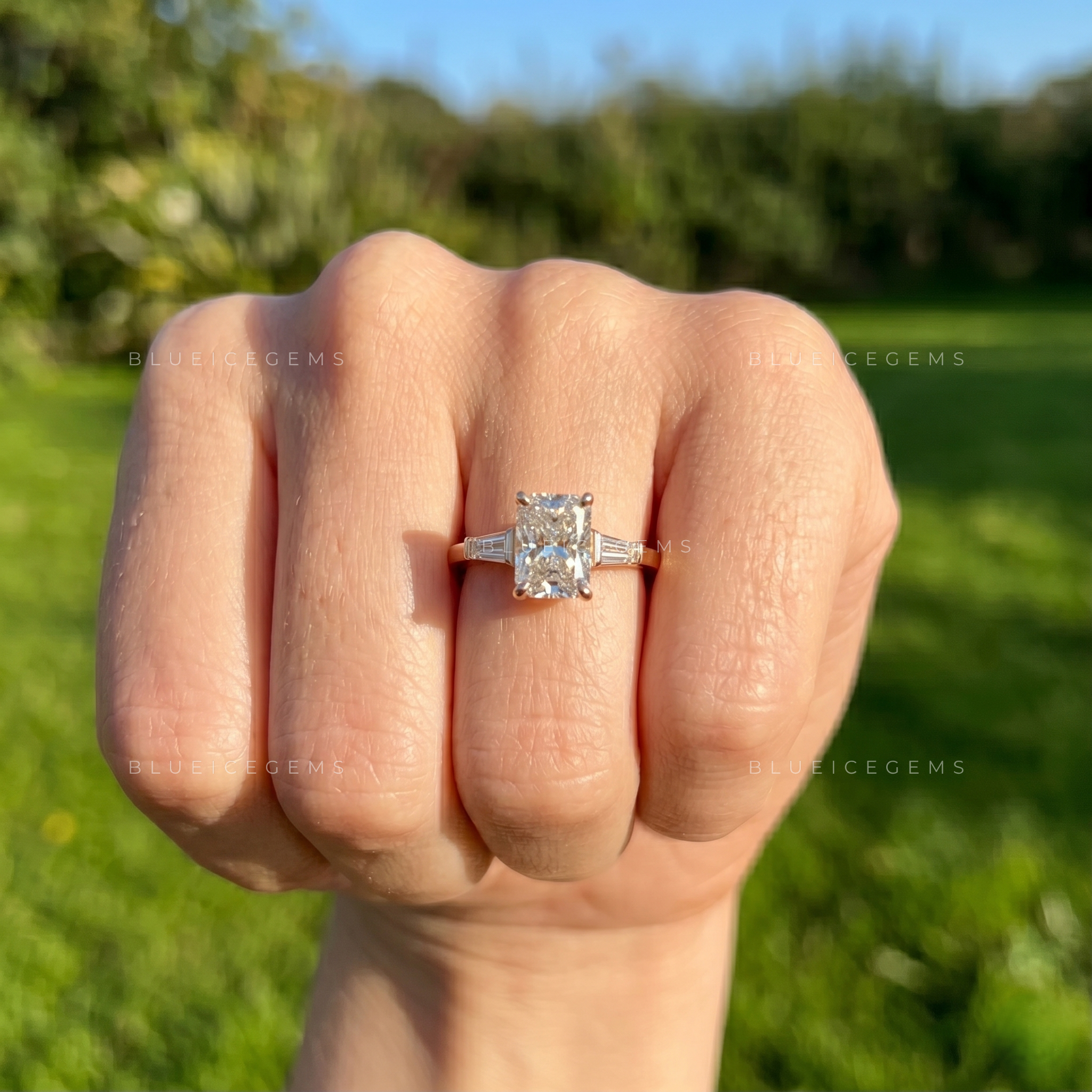 Timeless Splendor Radiant Cut Trilogy Engagement Ring Sophisticated Tapered Baguette Three Stone Anniversary Band
