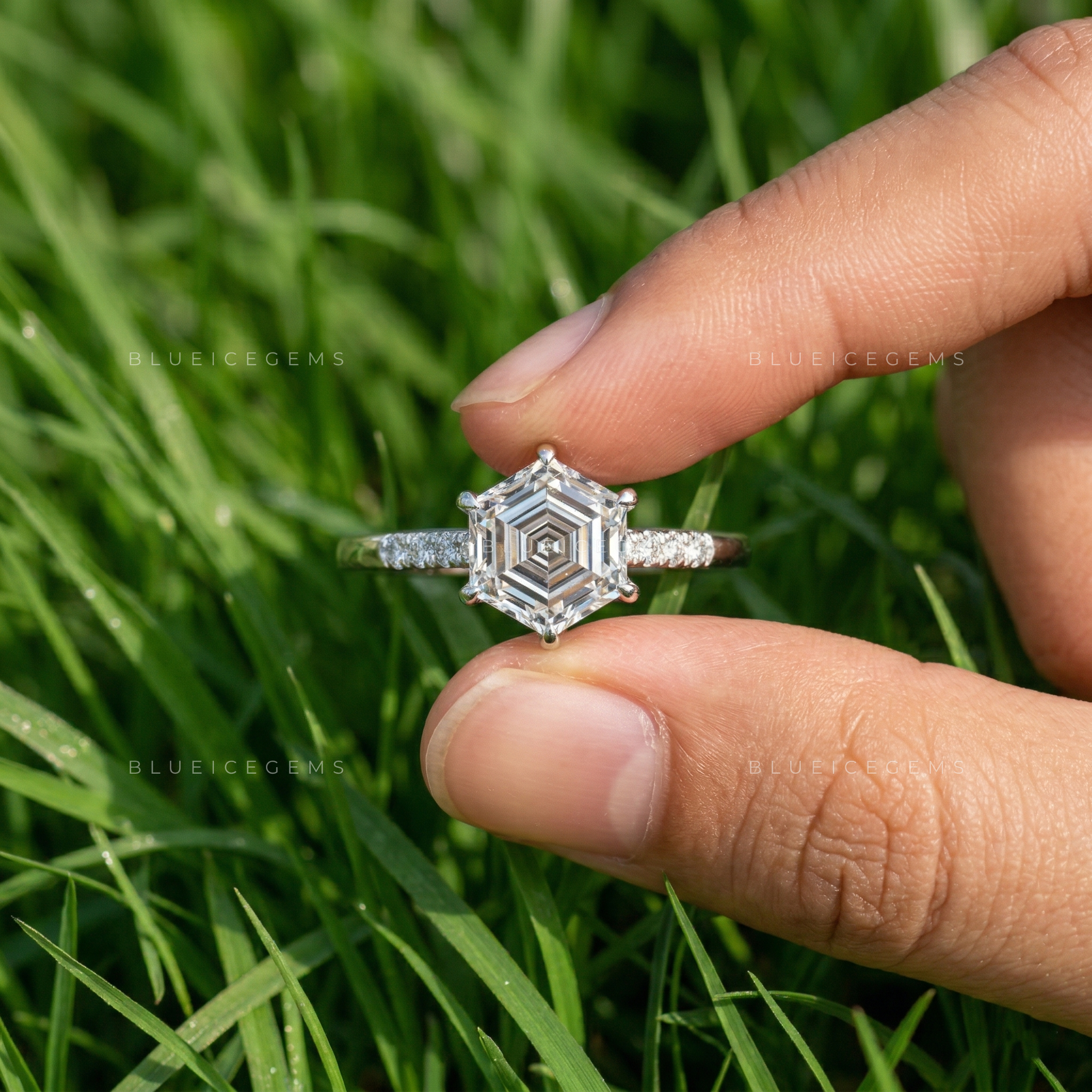 Architectural Radiance Hexagon Step Cut Hidden Accent Ring