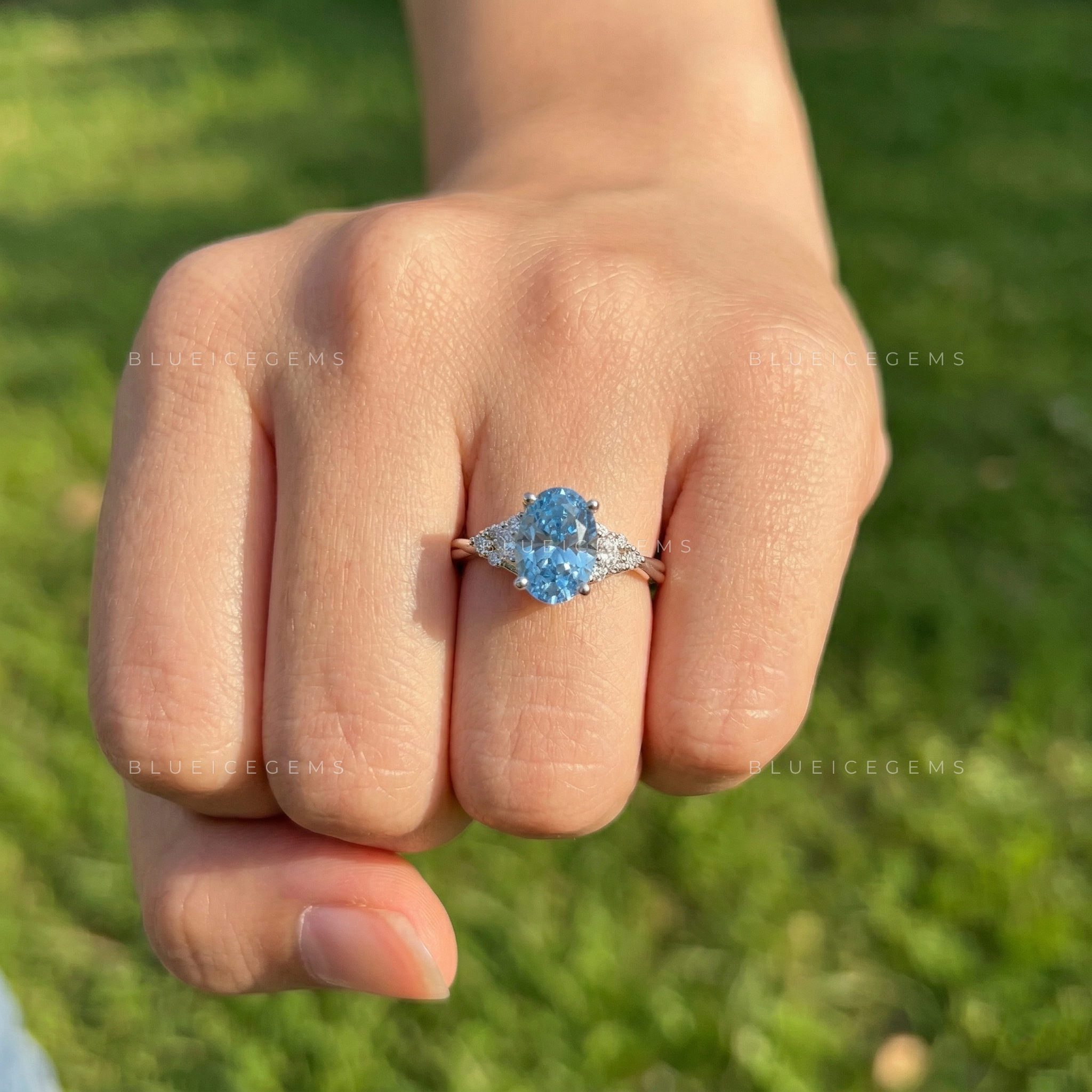 Sapphire Sky Oval Blue Diamond Floral Engagement Ring