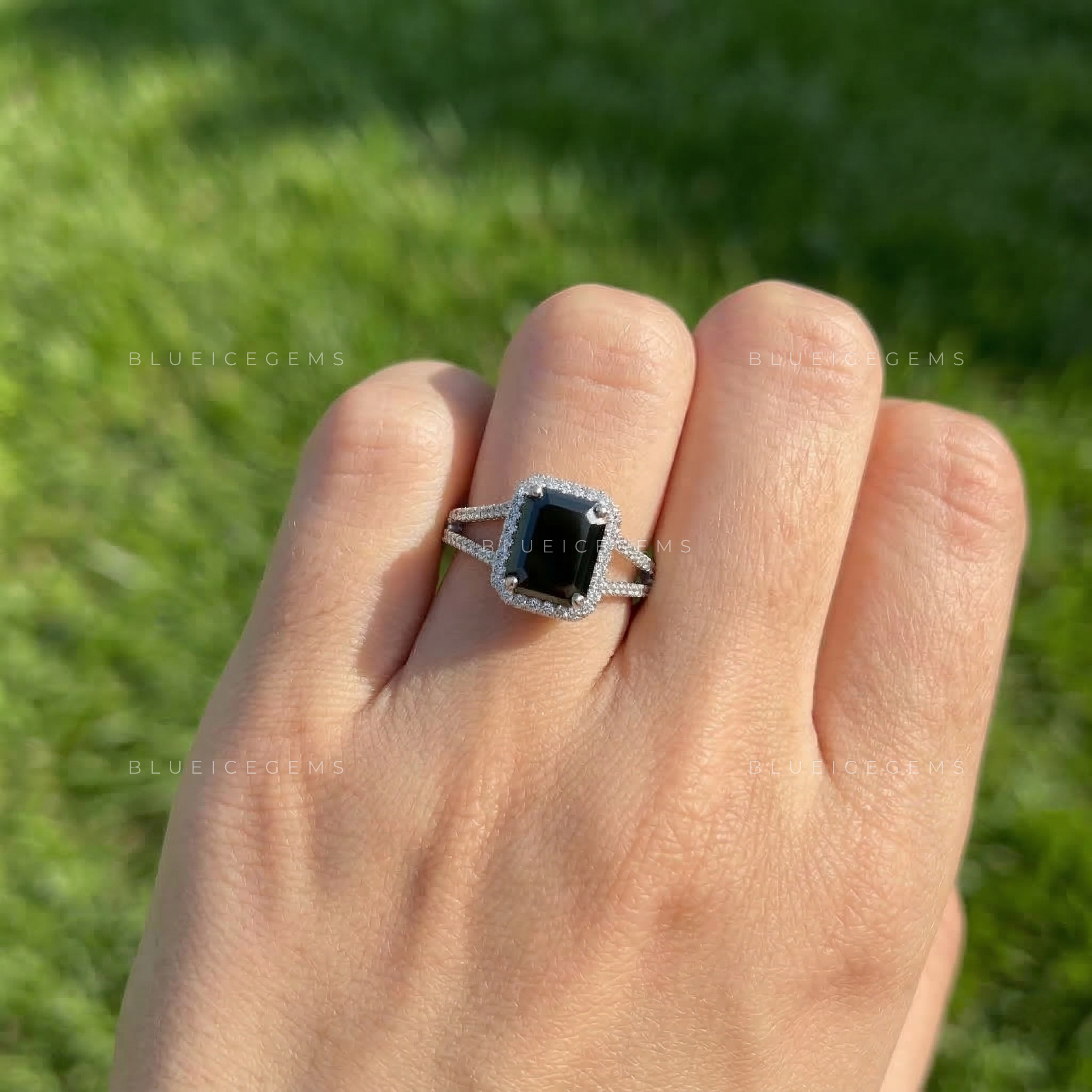 Noir Opulence Emerald Cut Black Moissanite Split Shank Ring