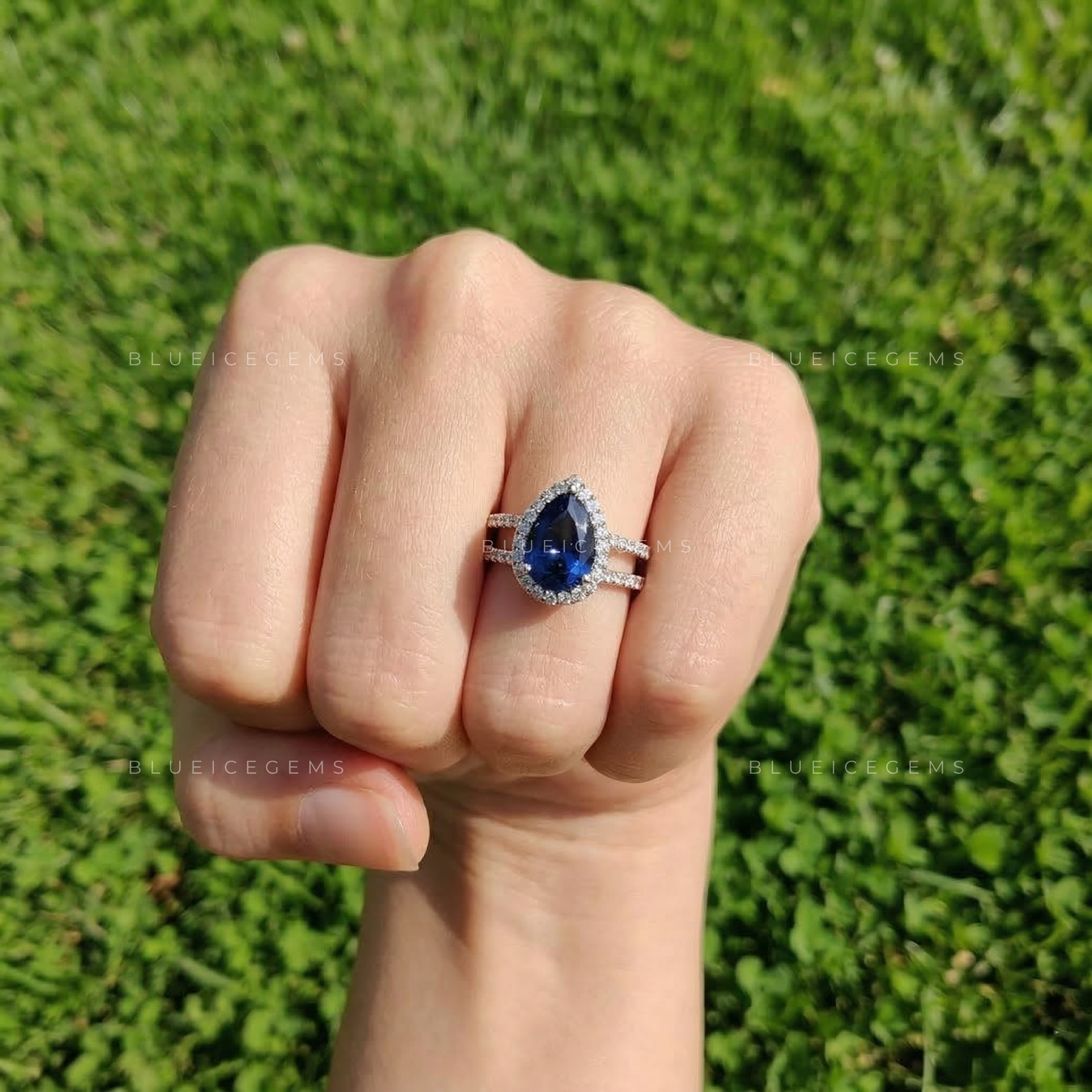 Royal Midnight Pear Sapphire Double Row Halo Ring