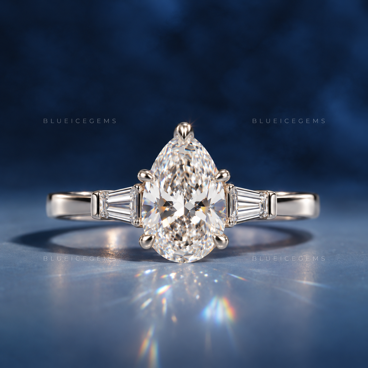 Elegant Trilogy Pear Cut with Tapered Baguette Side Stones Engagement Ring